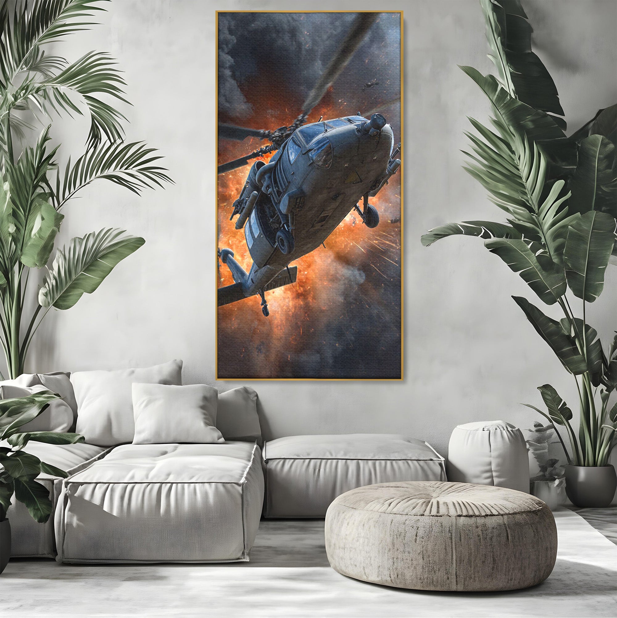 Tablou Canvas Premium LuxCanva® PI1292, Elicopter In Flacari, Razboi, Actiune, Explozie, Aventura, Dormitor, Living, Culori Vibrante
