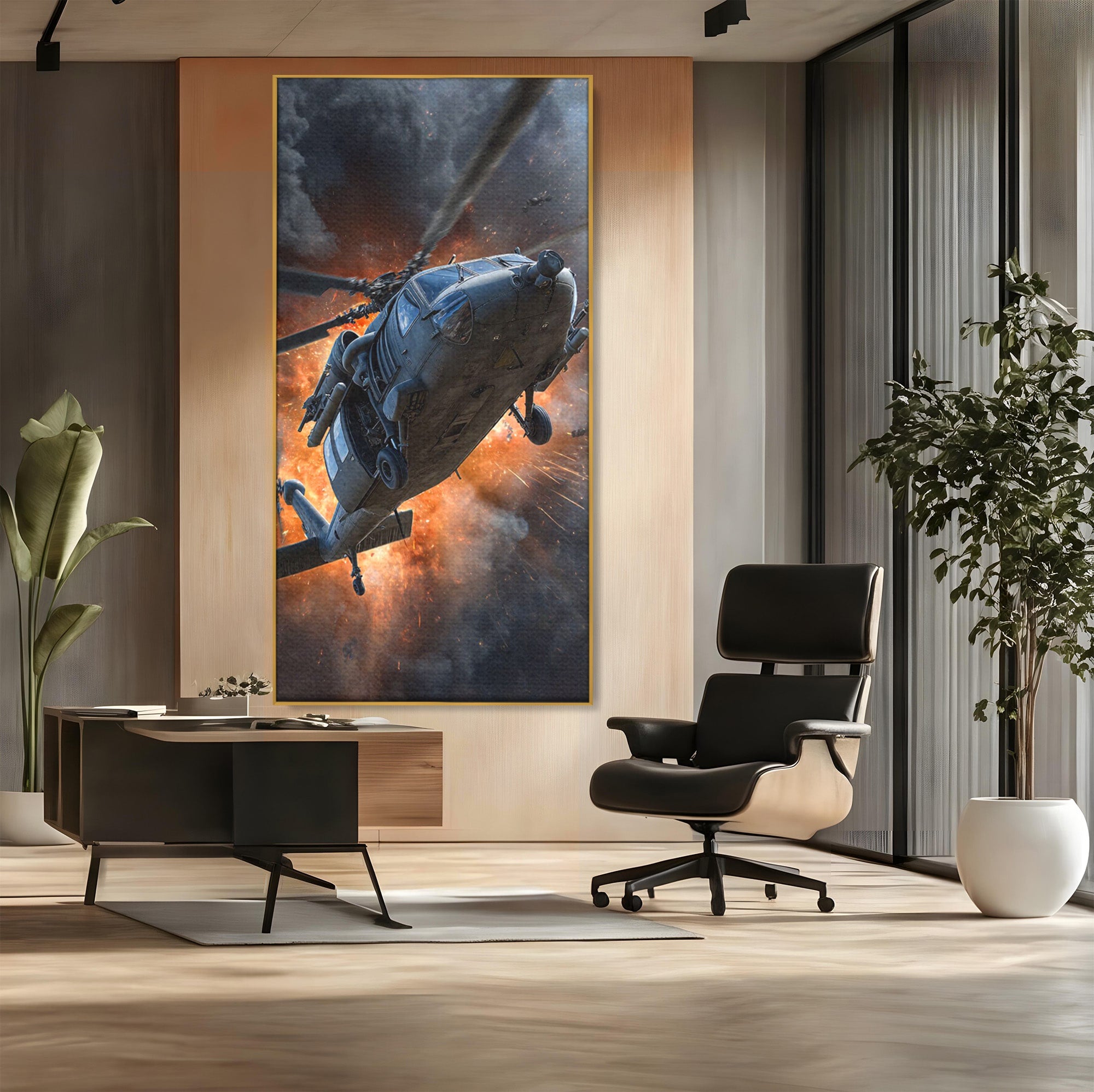 Tablou Canvas Premium LuxCanva® PI1292, Elicopter In Flacari, Razboi, Actiune, Explozie, Aventura, Dormitor, Living, Culori Vibrante