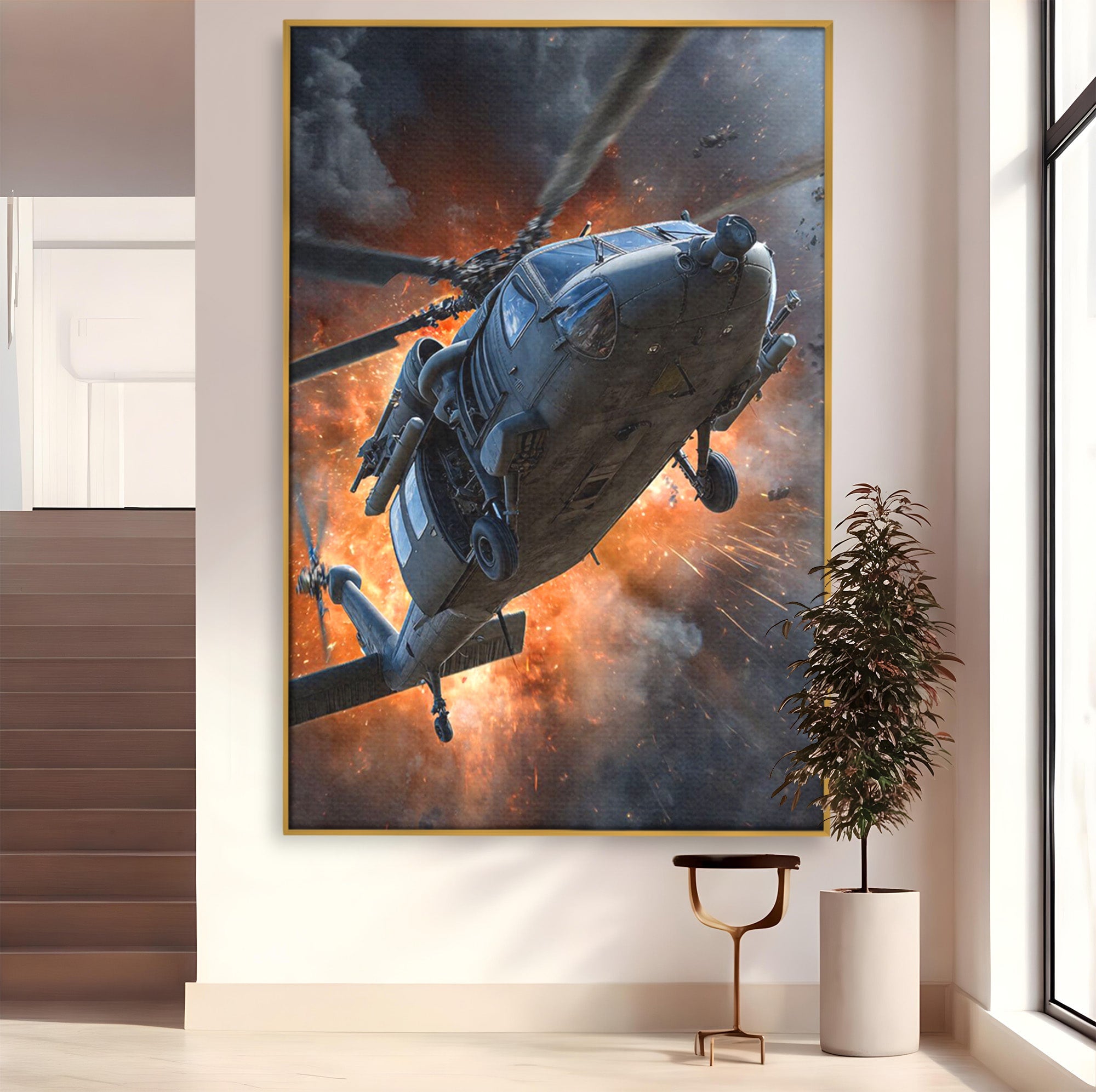Tablou Canvas Premium LuxCanva® PI1292, Elicopter In Flacari, Razboi, Actiune, Explozie, Aventura, Dormitor, Living, Culori Vibrante