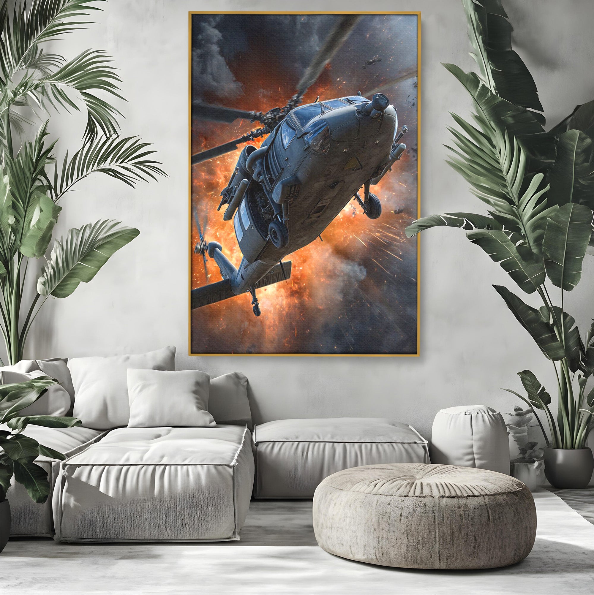 Tablou Canvas Premium LuxCanva® PI1292, Elicopter In Flacari, Razboi, Actiune, Explozie, Aventura, Dormitor, Living, Culori Vibrante