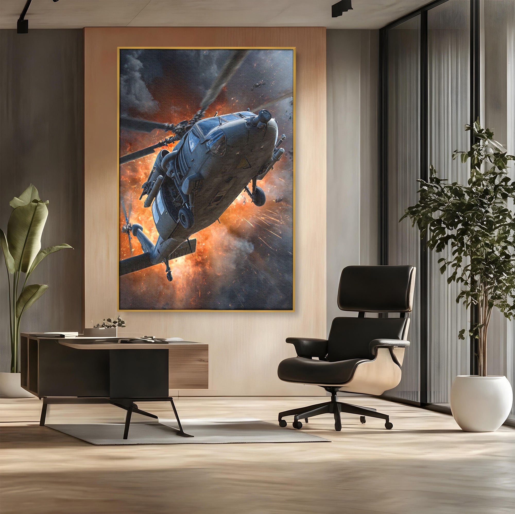 Tablou Canvas Premium LuxCanva® PI1292, Elicopter In Flacari, Razboi, Actiune, Explozie, Aventura, Dormitor, Living, Culori Vibrante