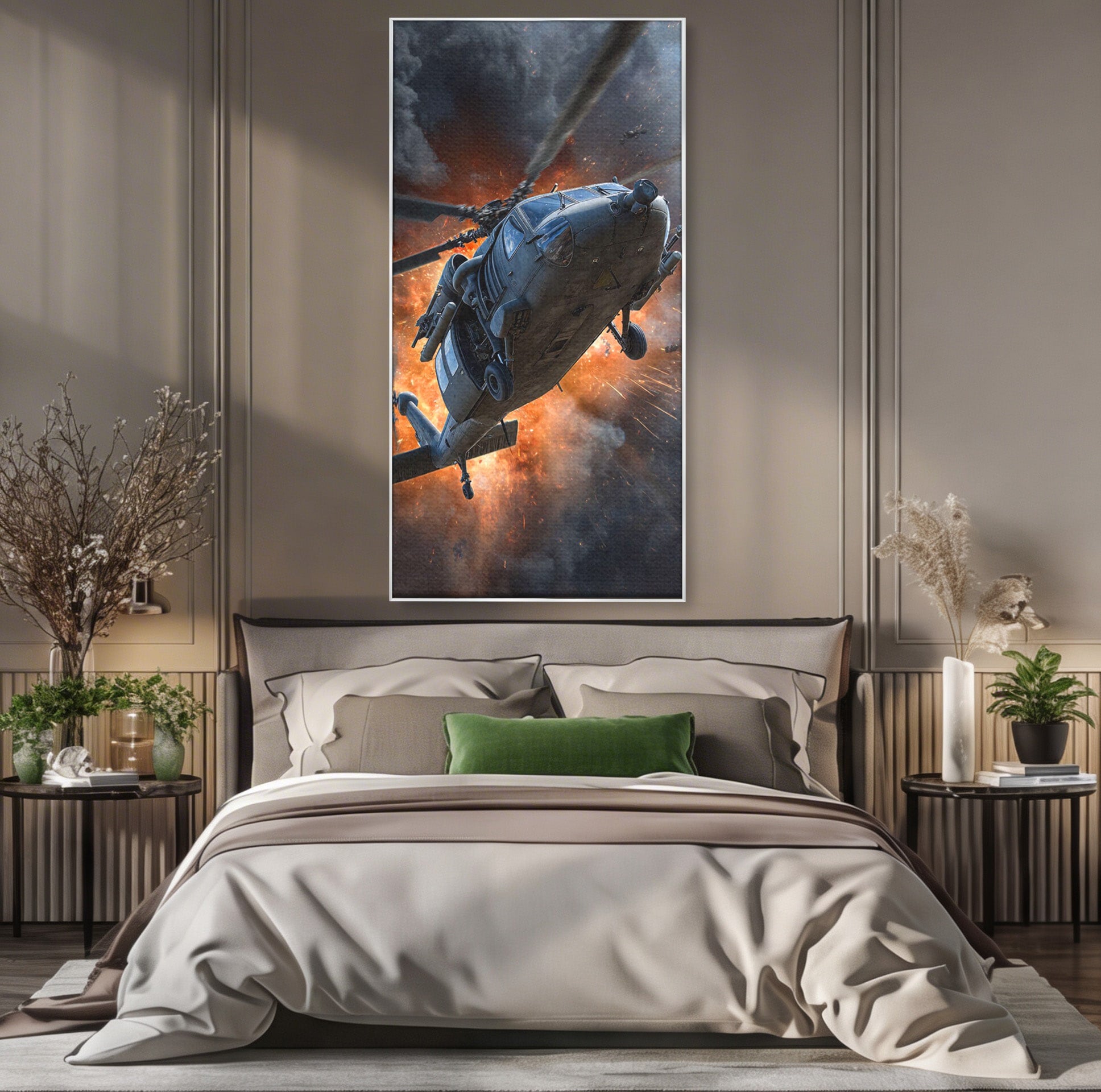 Tablou Canvas Premium LuxCanva® PI1292, Elicopter In Flacari, Razboi, Actiune, Explozie, Aventura, Dormitor, Living, Culori Vibrante