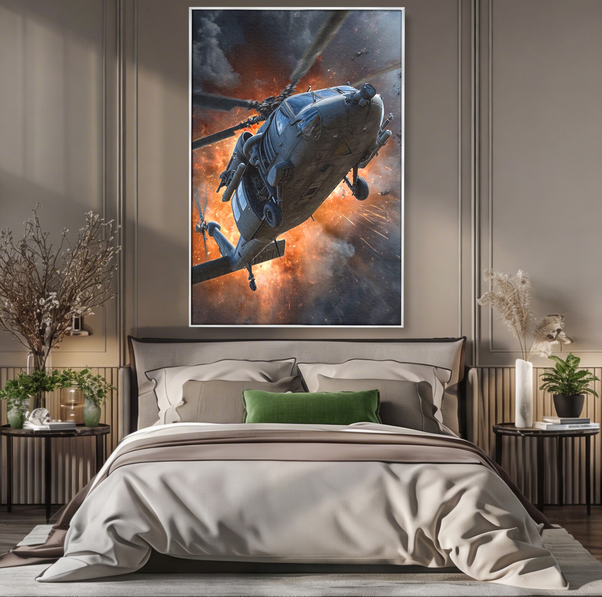 Tablou Canvas Premium LuxCanva® PI1292, Elicopter In Flacari, Razboi, Actiune, Explozie, Aventura, Dormitor, Living, Culori Vibrante