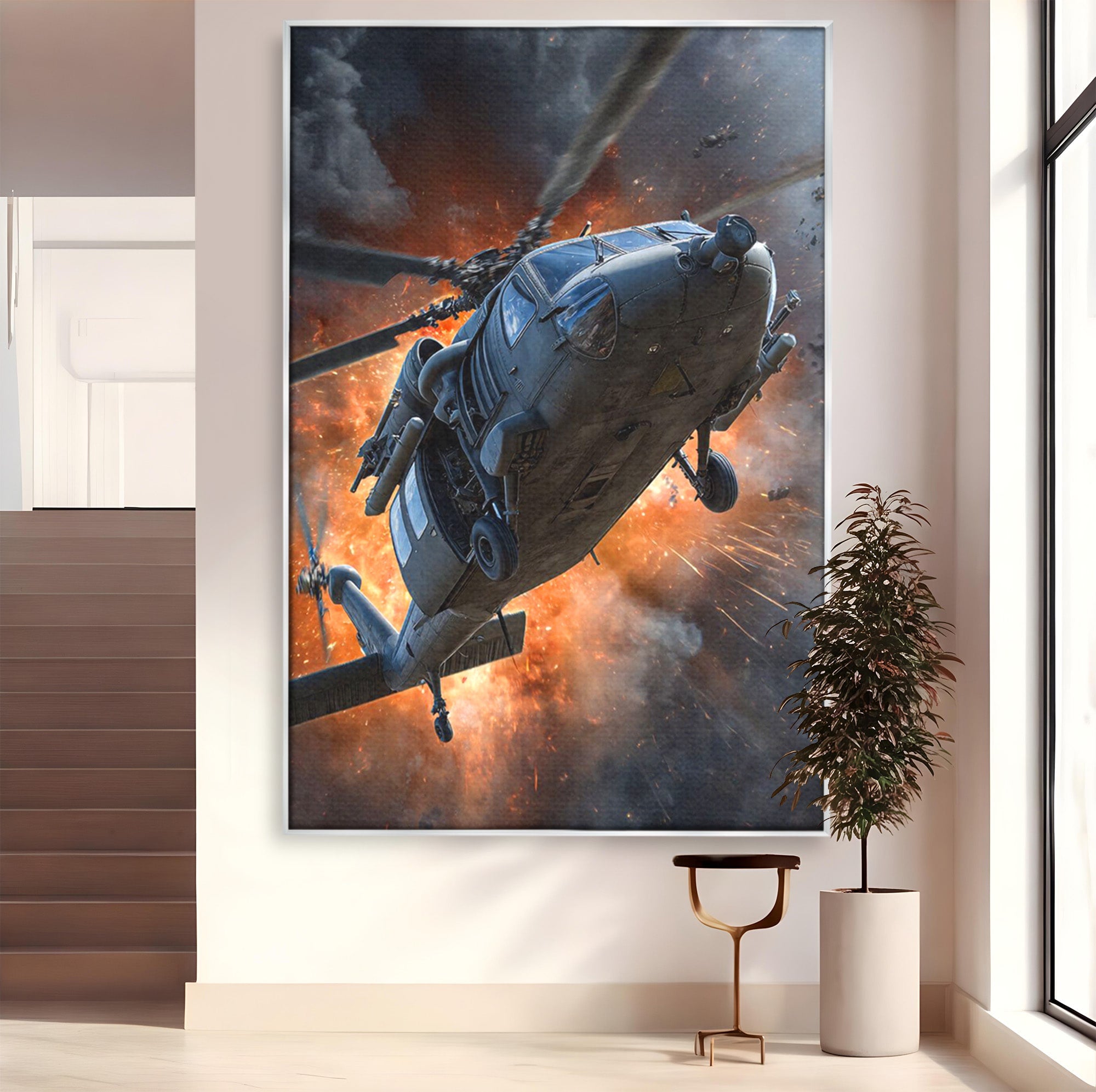 Tablou Canvas Premium LuxCanva® PI1292, Elicopter In Flacari, Razboi, Actiune, Explozie, Aventura, Dormitor, Living, Culori Vibrante
