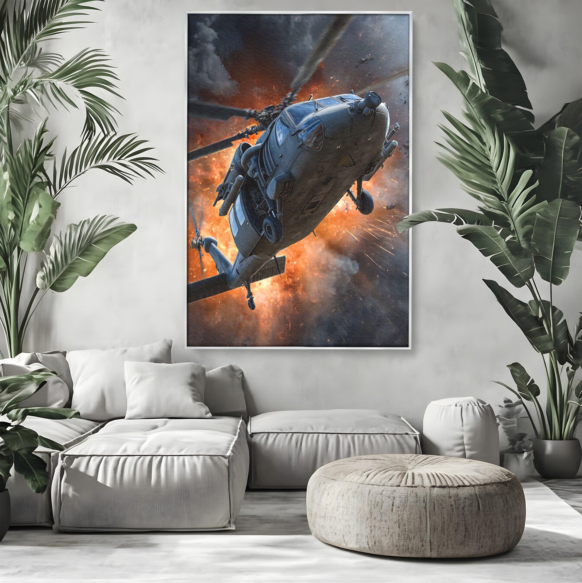 Tablou Canvas Premium LuxCanva® PI1292, Elicopter In Flacari, Razboi, Actiune, Explozie, Aventura, Dormitor, Living, Culori Vibrante
