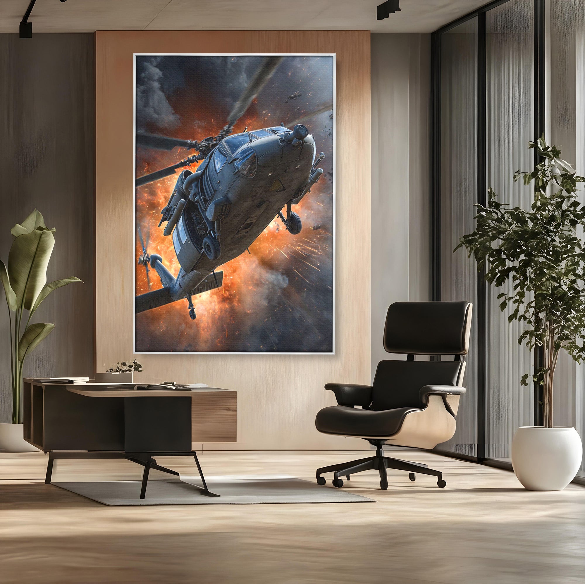 Tablou Canvas Premium LuxCanva® PI1292, Elicopter In Flacari, Razboi, Actiune, Explozie, Aventura, Dormitor, Living, Culori Vibrante