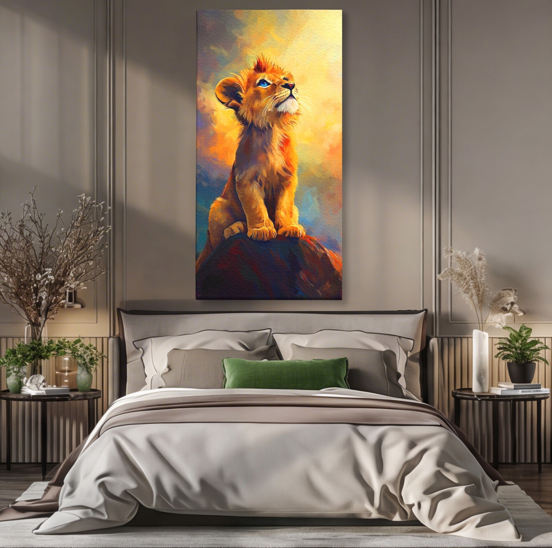 Tablou Canvas Premium LuxCanva® PI1293, Pui De Leu Privind Spre Cer, Simba, Animale, Safari, Inspiratie, Dormitor, Culori Vibrante