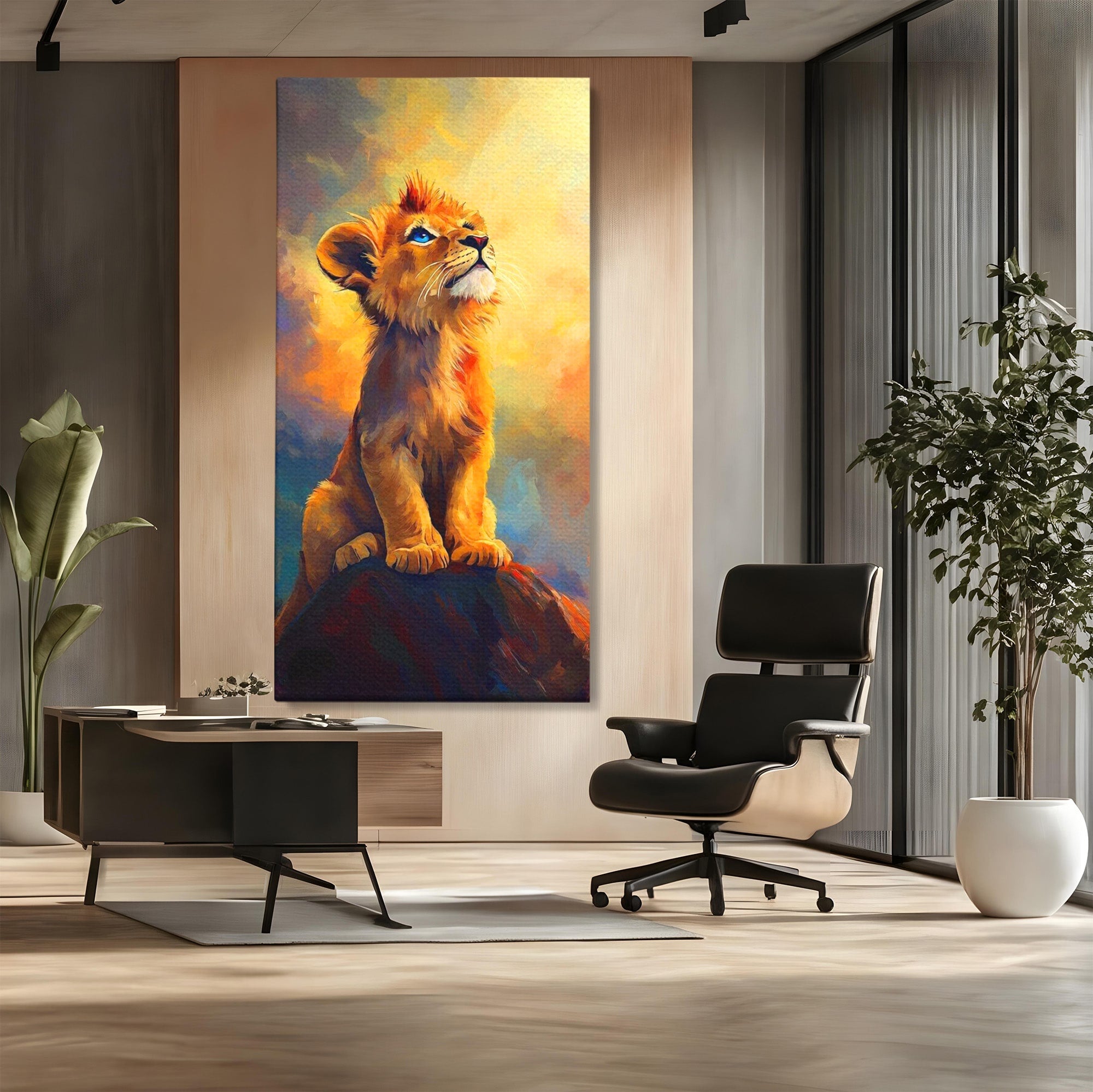 Tablou Canvas Premium LuxCanva® PI1293, Pui De Leu Privind Spre Cer, Simba, Animale, Safari, Inspiratie, Dormitor, Culori Vibrante