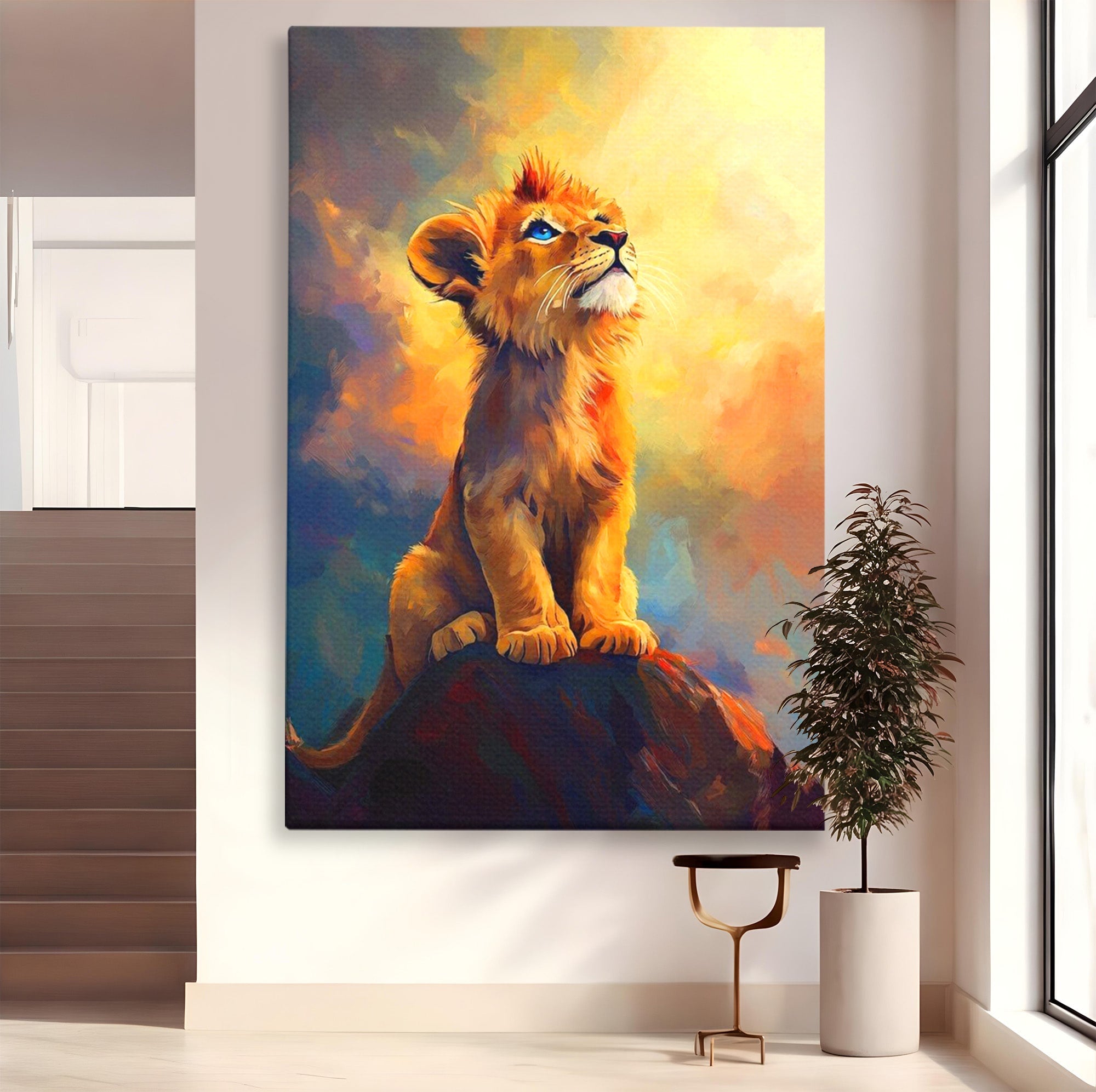 Tablou Canvas Premium LuxCanva® PI1293, Pui De Leu Privind Spre Cer, Simba, Animale, Safari, Inspiratie, Dormitor, Culori Vibrante