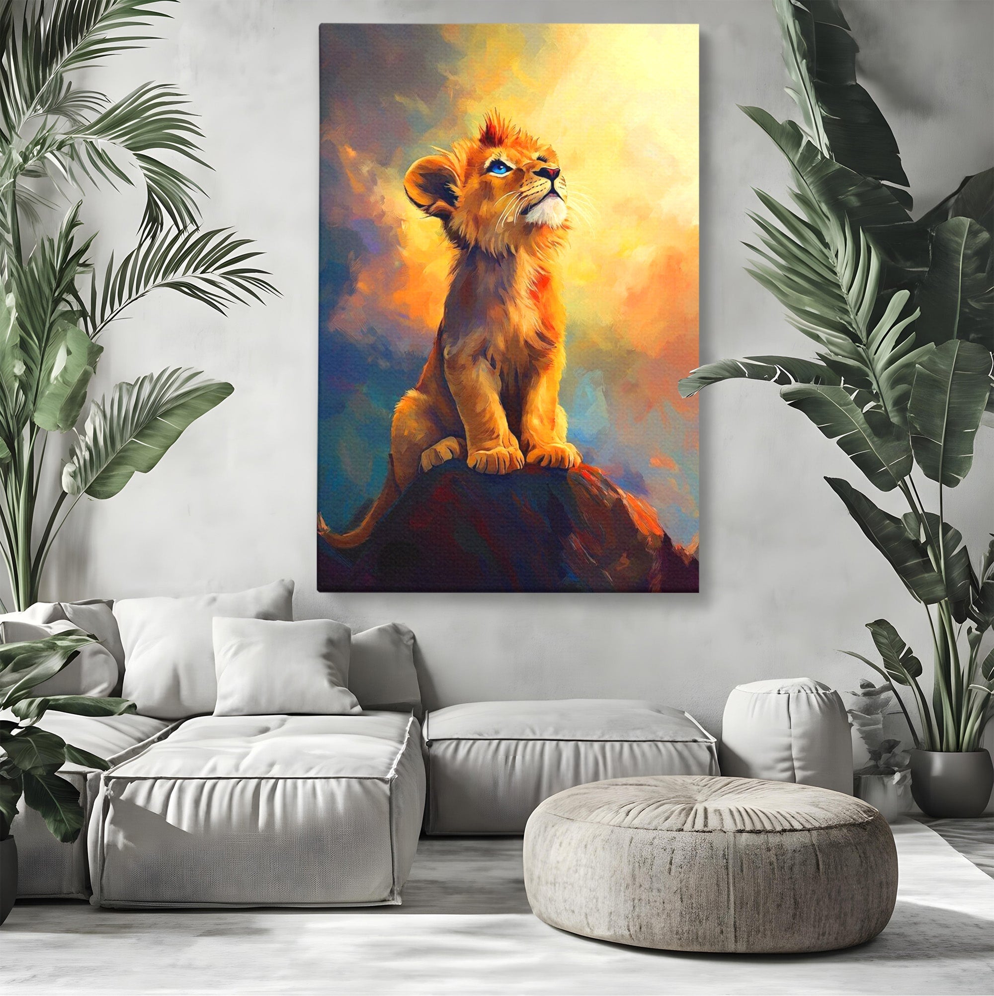 Tablou Canvas Premium LuxCanva® PI1293, Pui De Leu Privind Spre Cer, Simba, Animale, Safari, Inspiratie, Dormitor, Culori Vibrante
