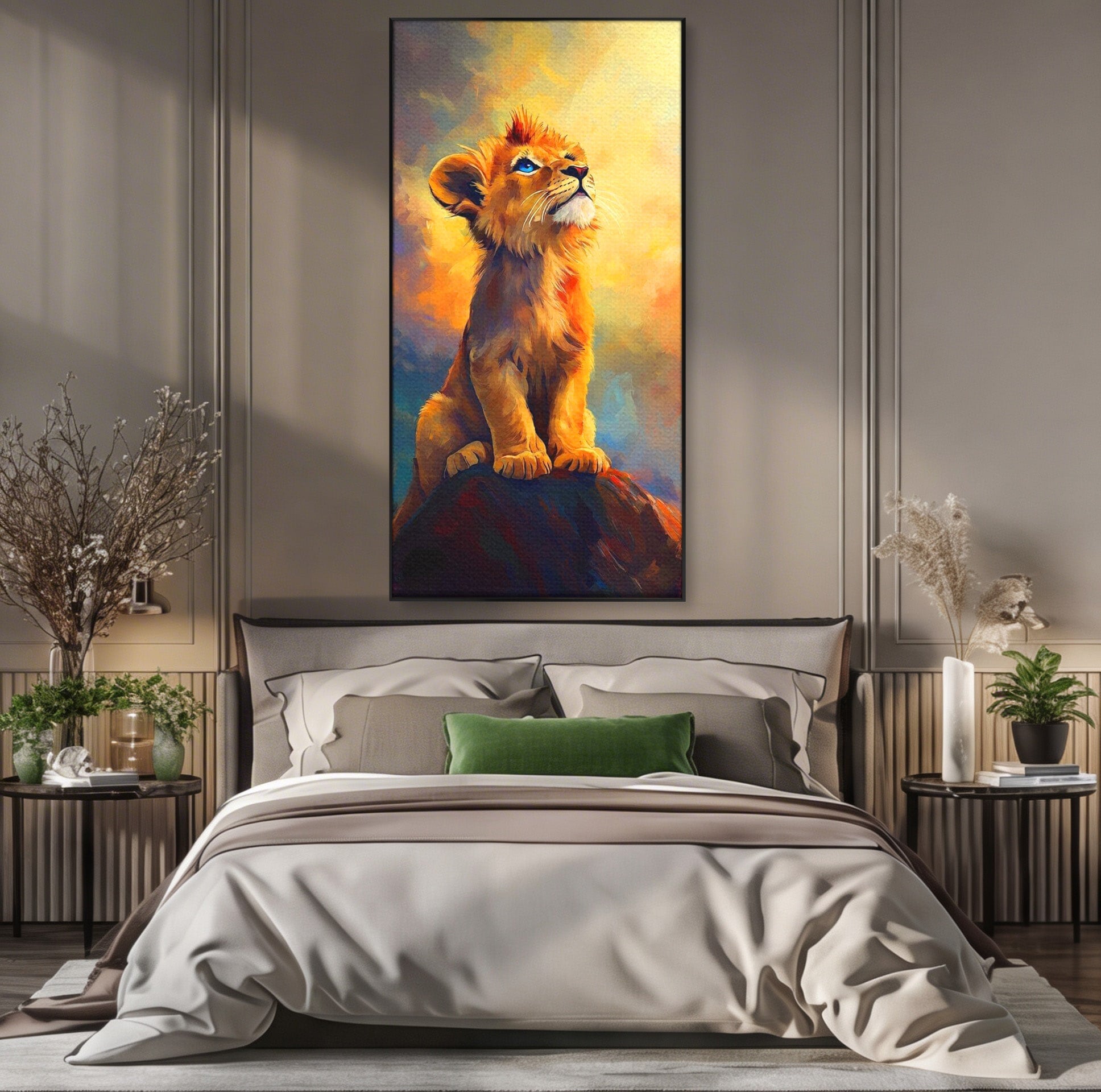 Tablou Canvas Premium LuxCanva® PI1293, Pui De Leu Privind Spre Cer, Simba, Animale, Safari, Inspiratie, Dormitor, Culori Vibrante
