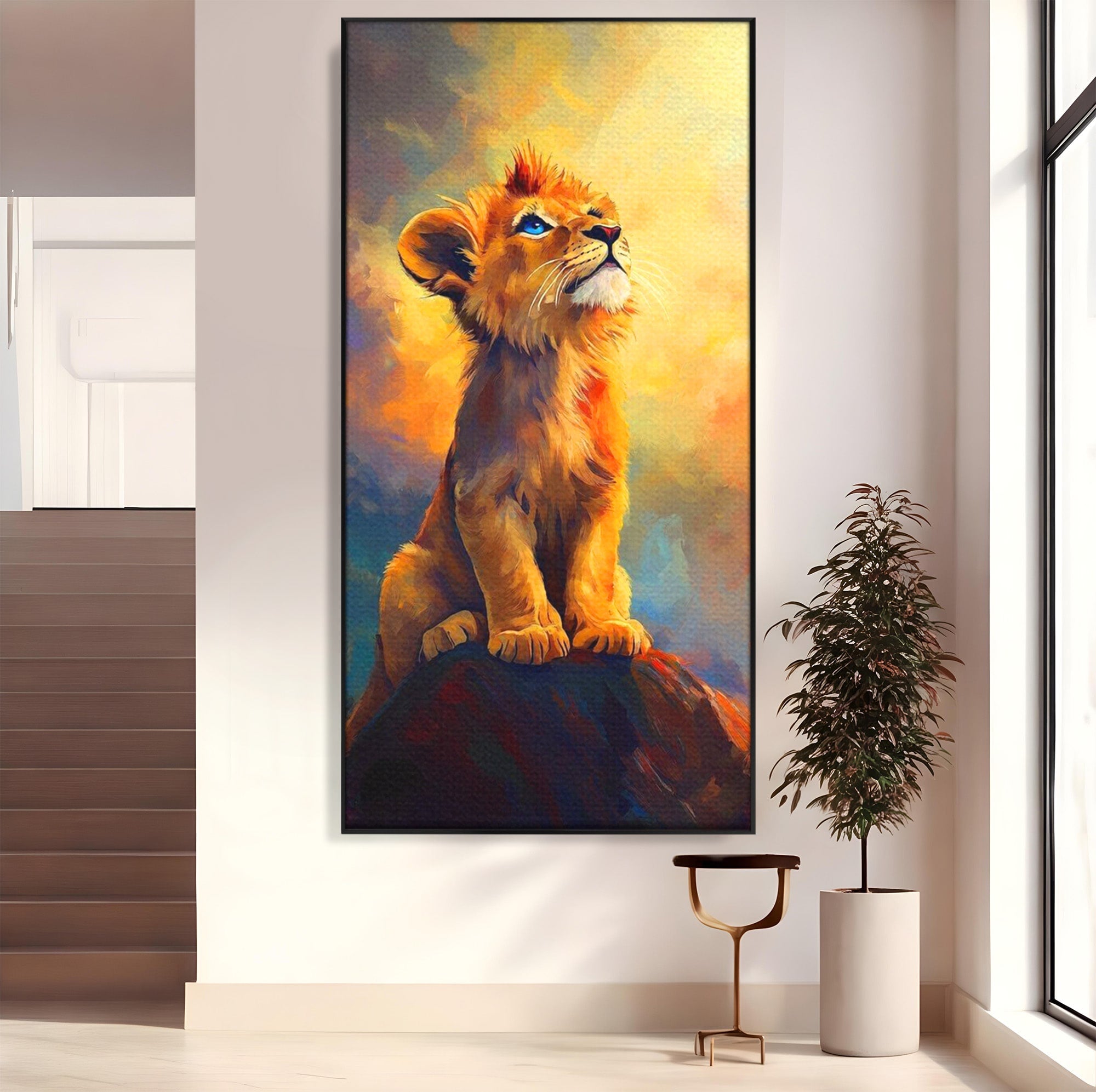 Tablou Canvas Premium LuxCanva® PI1293, Pui De Leu Privind Spre Cer, Simba, Animale, Safari, Inspiratie, Dormitor, Culori Vibrante