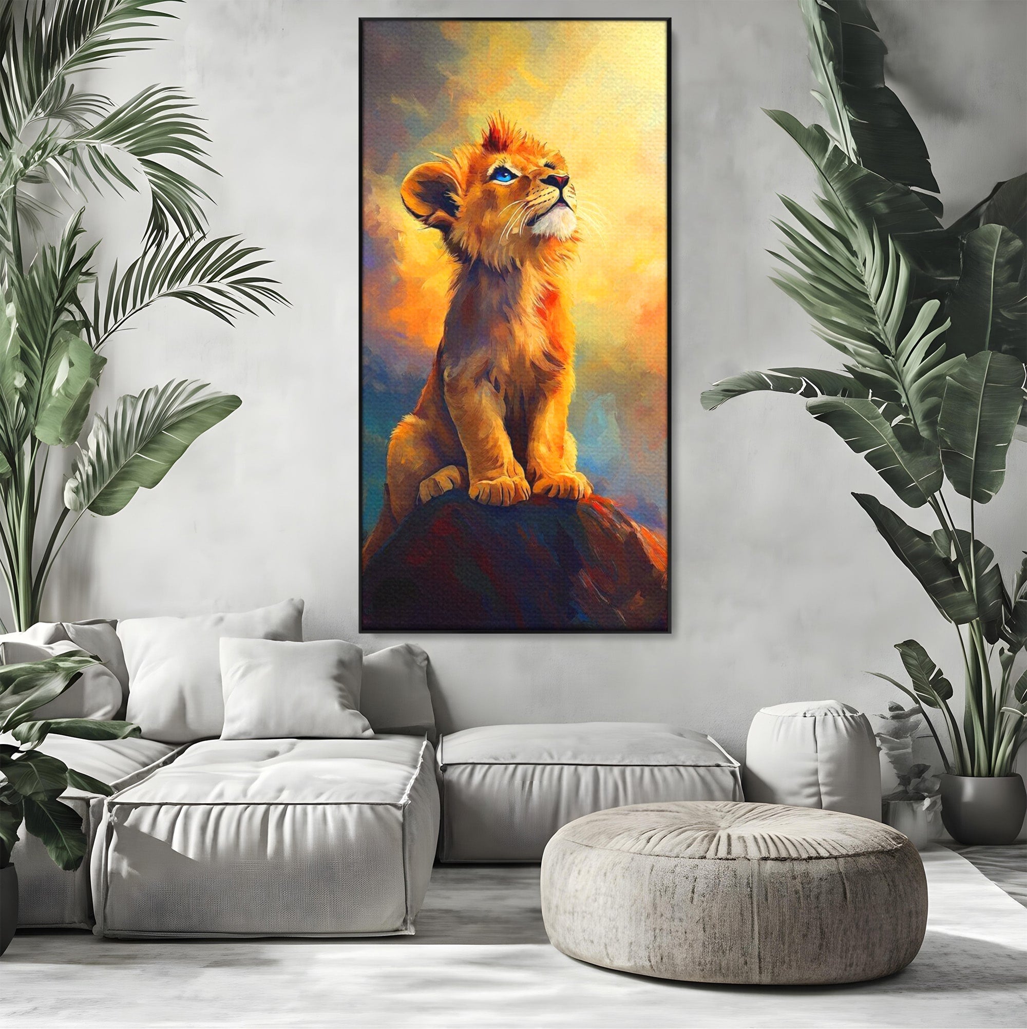 Tablou Canvas Premium LuxCanva® PI1293, Pui De Leu Privind Spre Cer, Simba, Animale, Safari, Inspiratie, Dormitor, Culori Vibrante