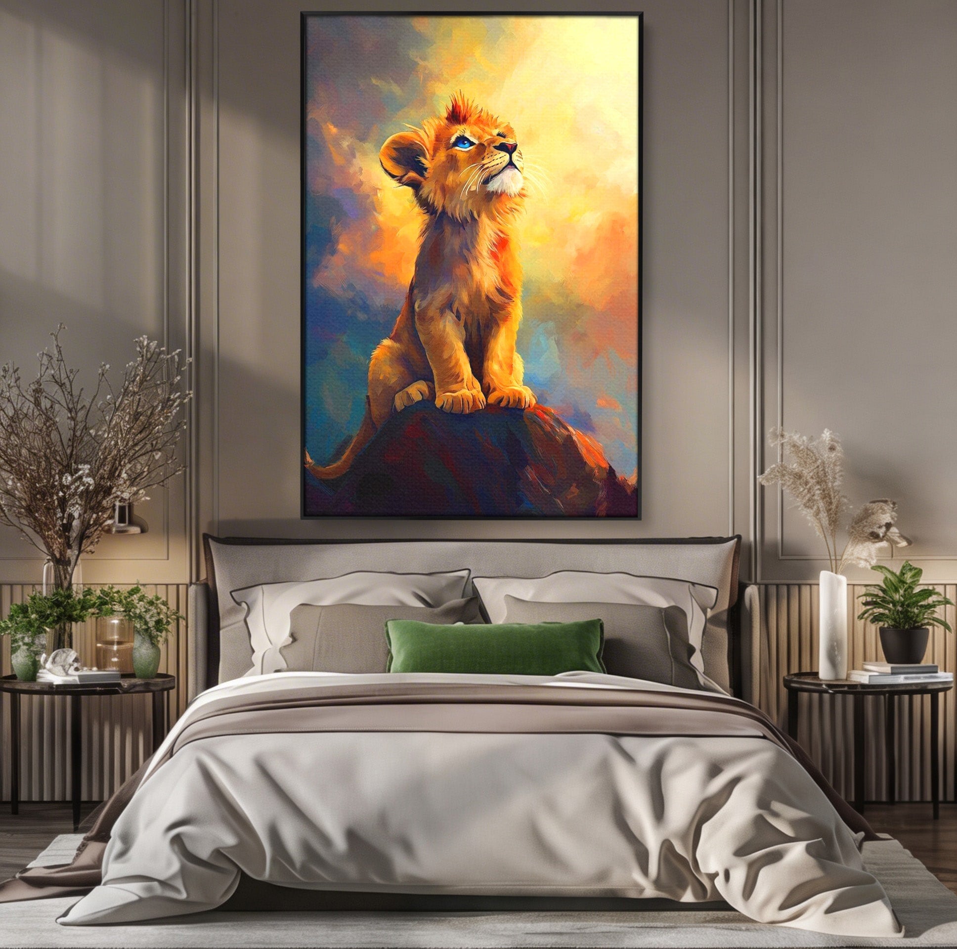 Tablou Canvas Premium LuxCanva® PI1293, Pui De Leu Privind Spre Cer, Simba, Animale, Safari, Inspiratie, Dormitor, Culori Vibrante