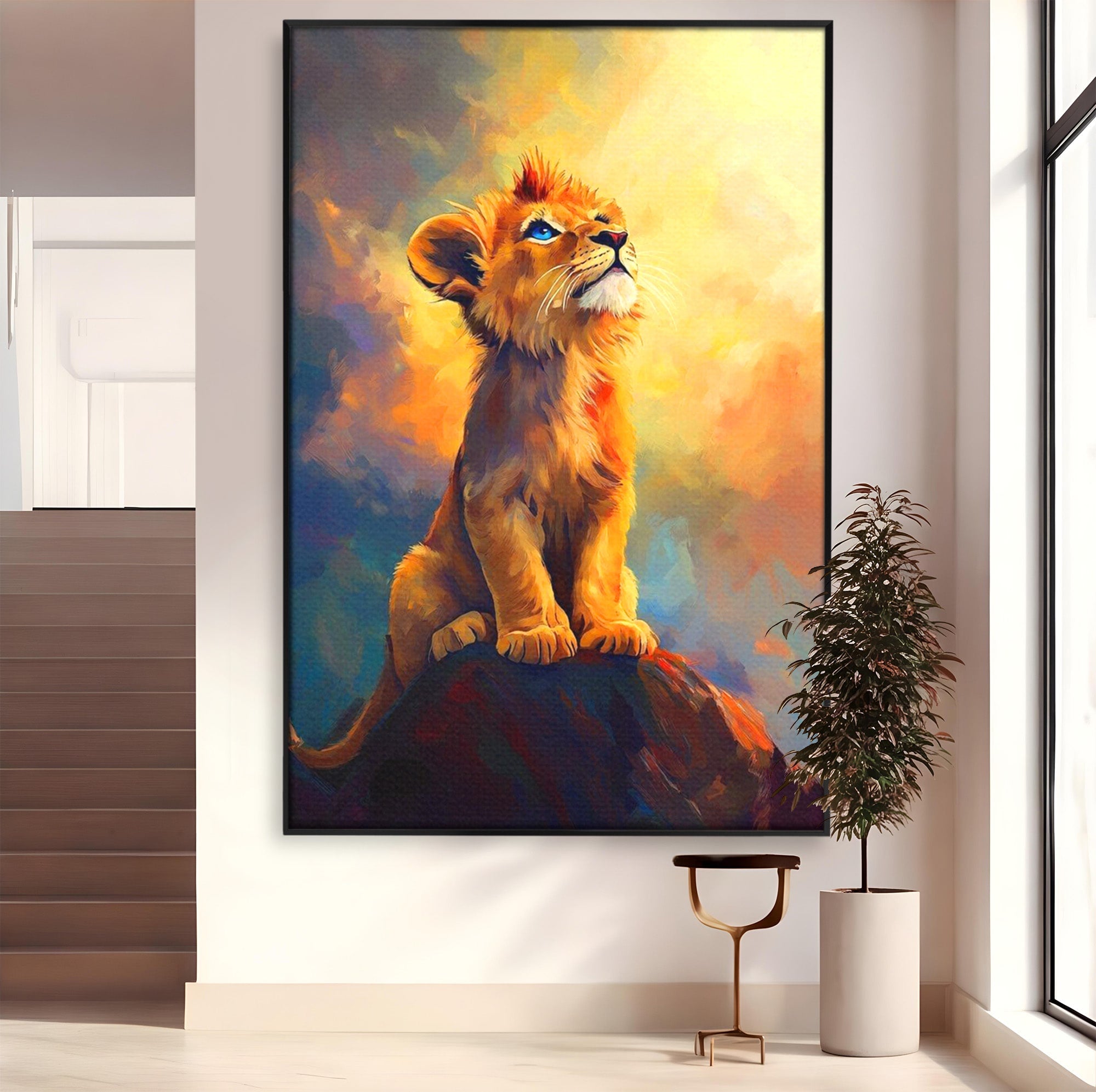 Tablou Canvas Premium LuxCanva® PI1293, Pui De Leu Privind Spre Cer, Simba, Animale, Safari, Inspiratie, Dormitor, Culori Vibrante
