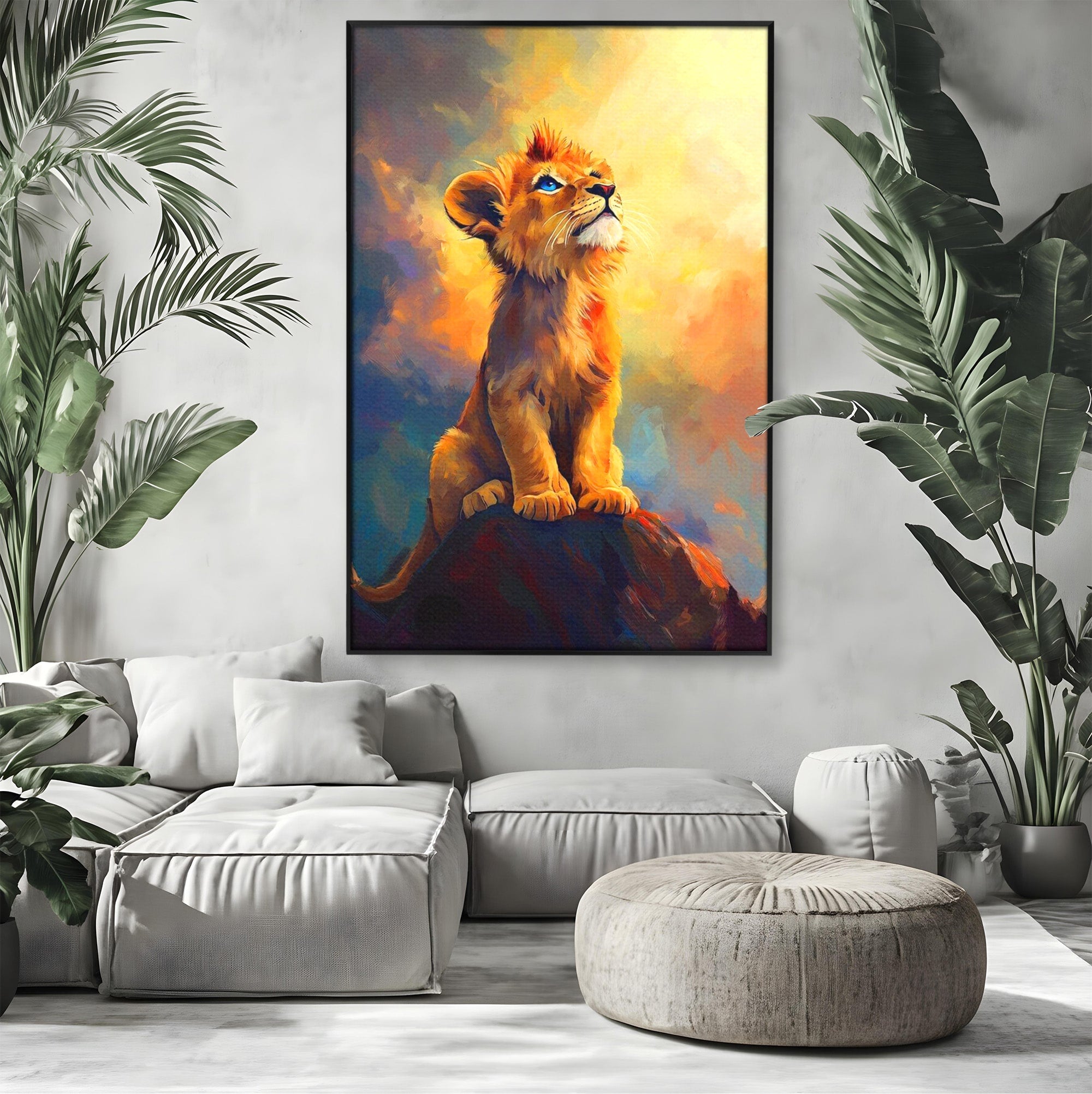 Tablou Canvas Premium LuxCanva® PI1293, Pui De Leu Privind Spre Cer, Simba, Animale, Safari, Inspiratie, Dormitor, Culori Vibrante