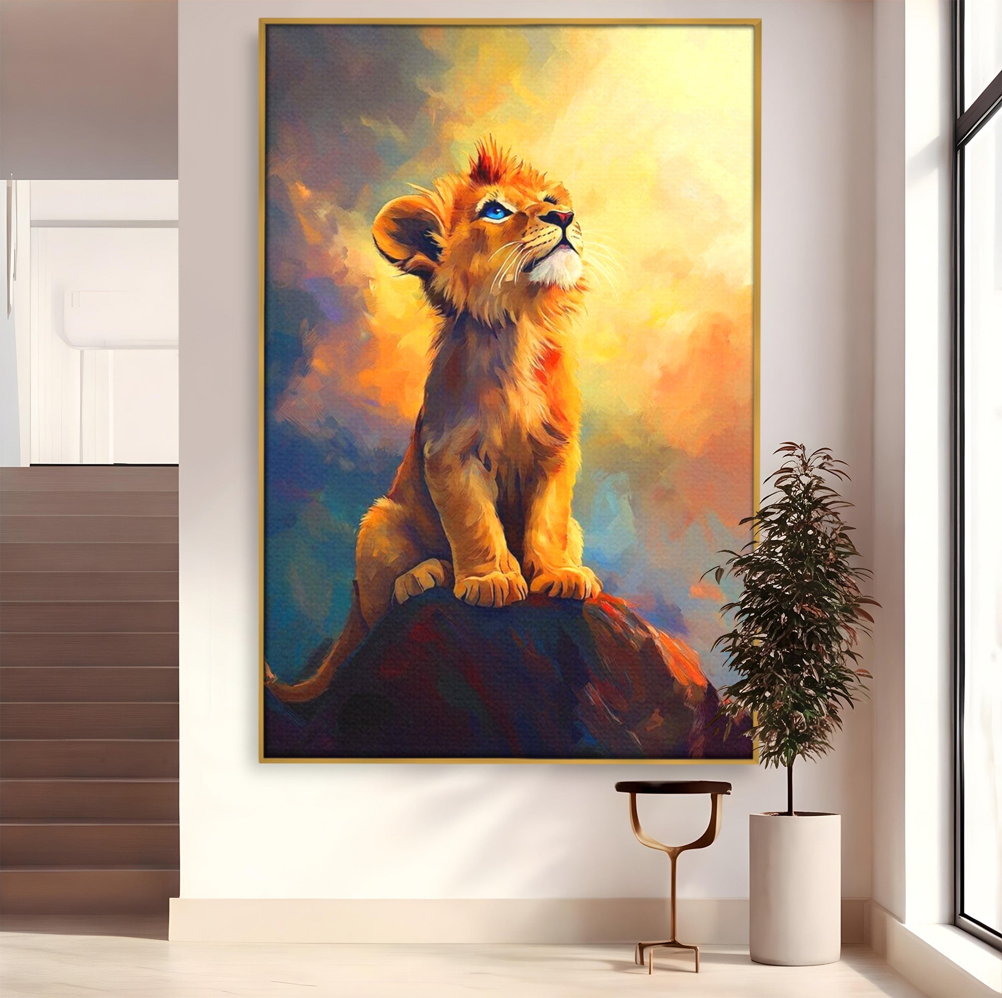 Tablou Canvas Premium LuxCanva® PI1293, Pui De Leu Privind Spre Cer, Simba, Animale, Safari, Inspiratie, Dormitor, Culori Vibrante