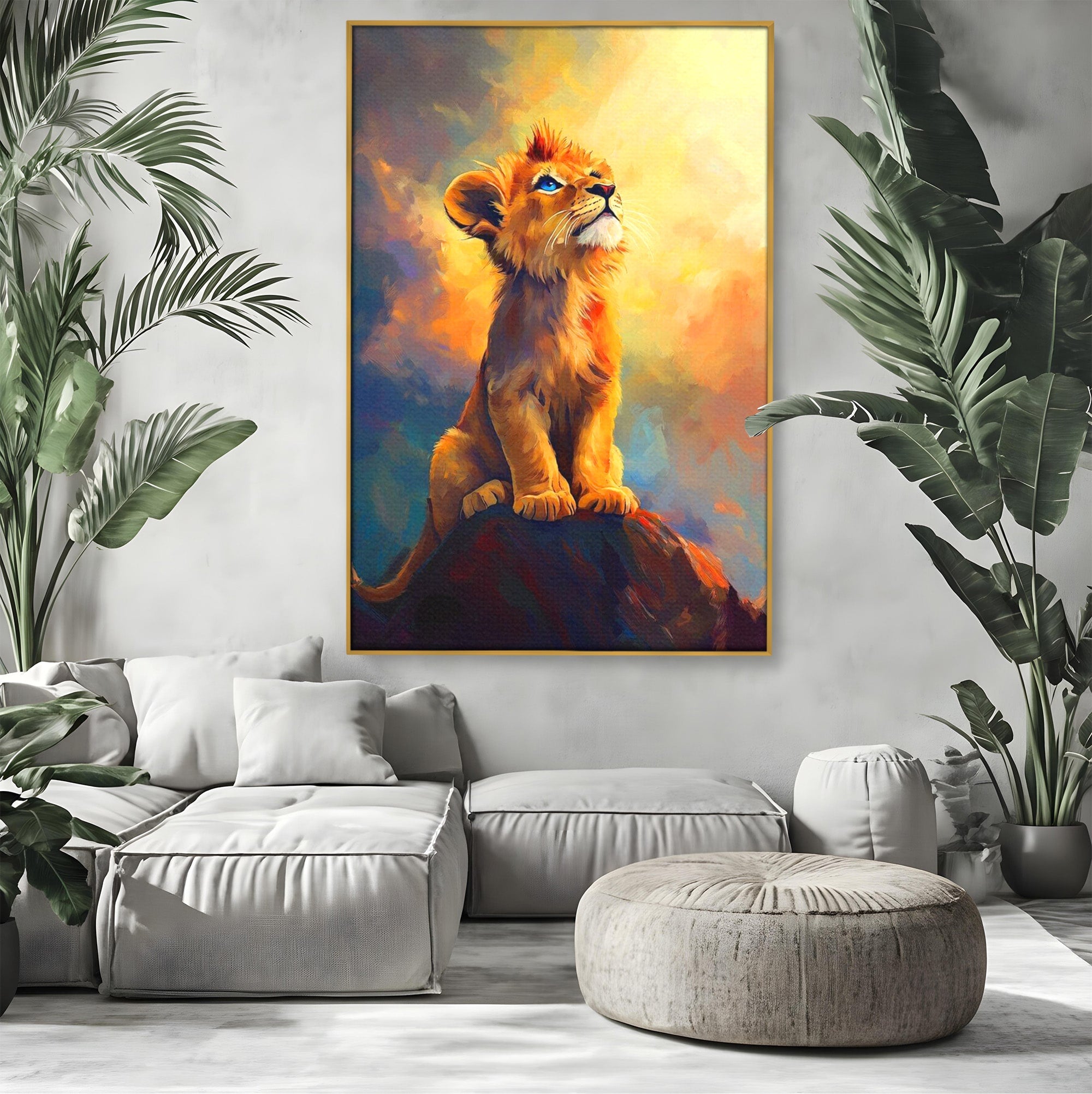Tablou Canvas Premium LuxCanva® PI1293, Pui De Leu Privind Spre Cer, Simba, Animale, Safari, Inspiratie, Dormitor, Culori Vibrante
