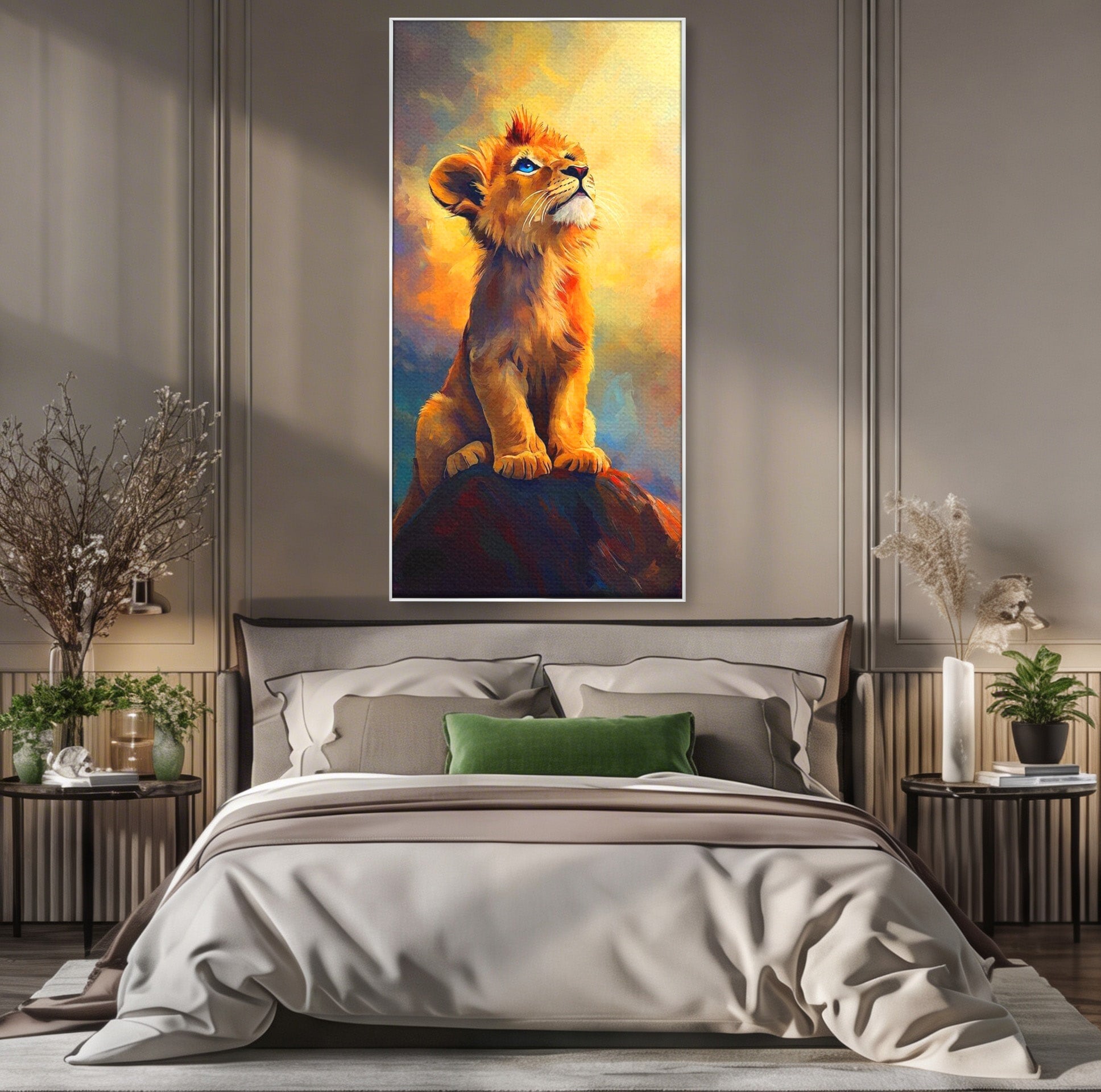 Tablou Canvas Premium LuxCanva® PI1293, Pui De Leu Privind Spre Cer, Simba, Animale, Safari, Inspiratie, Dormitor, Culori Vibrante