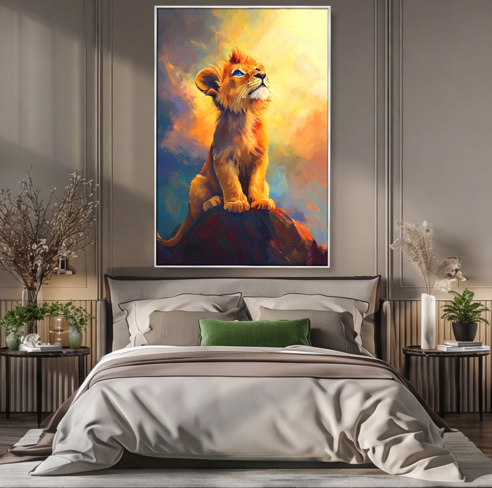 Tablou Canvas Premium LuxCanva® PI1293, Pui De Leu Privind Spre Cer, Simba, Animale, Safari, Inspiratie, Dormitor, Culori Vibrante
