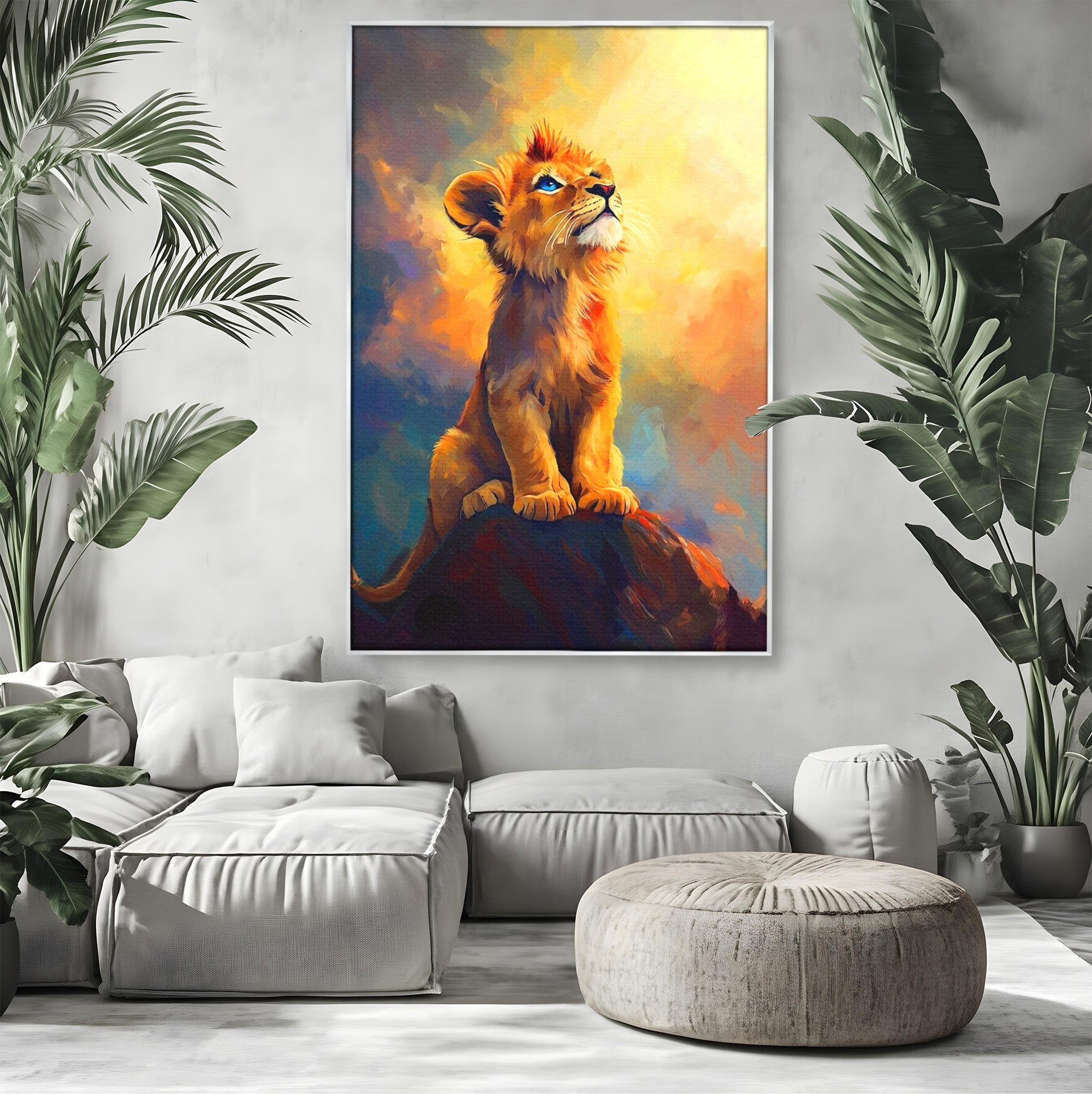 Tablou Canvas Premium LuxCanva® PI1293, Pui De Leu Privind Spre Cer, Simba, Animale, Safari, Inspiratie, Dormitor, Culori Vibrante