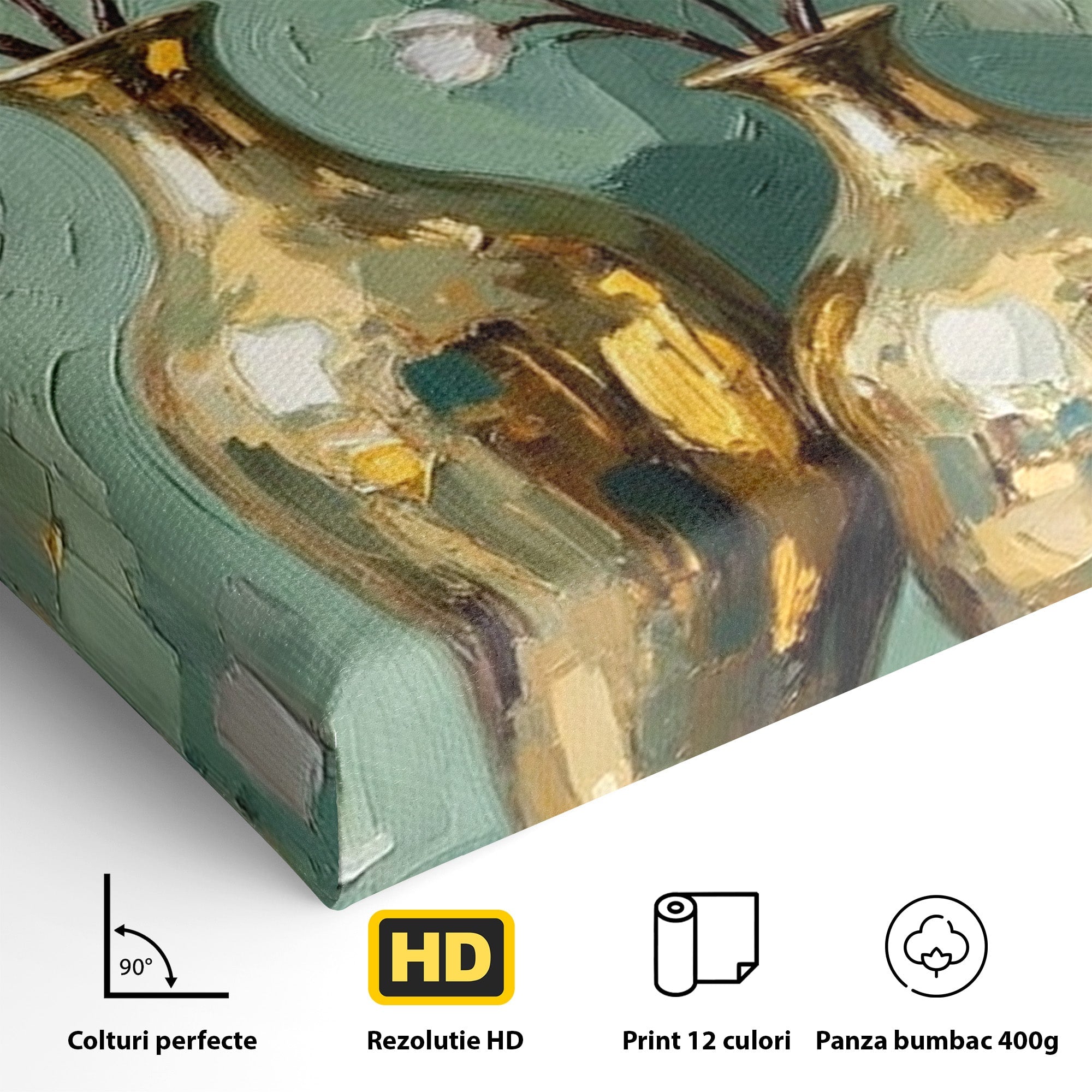 Tablou Canvas Premium LuxCanva® PI1294, Vaze Aurii Cu Flori, Decor, Frumos, Auriu, Living, Elegant, Culori Vibrante