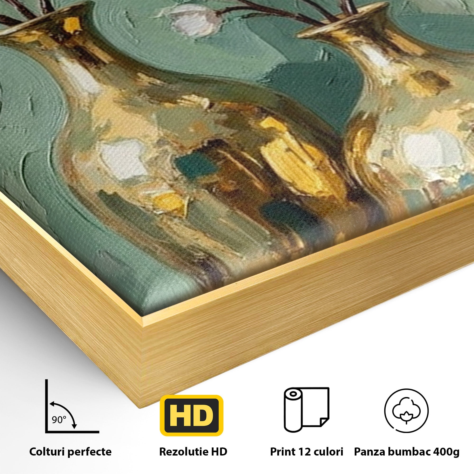 Tablou Canvas Premium LuxCanva® PI1294, Vaze Aurii Cu Flori, Decor, Frumos, Auriu, Living, Elegant, Culori Vibrante