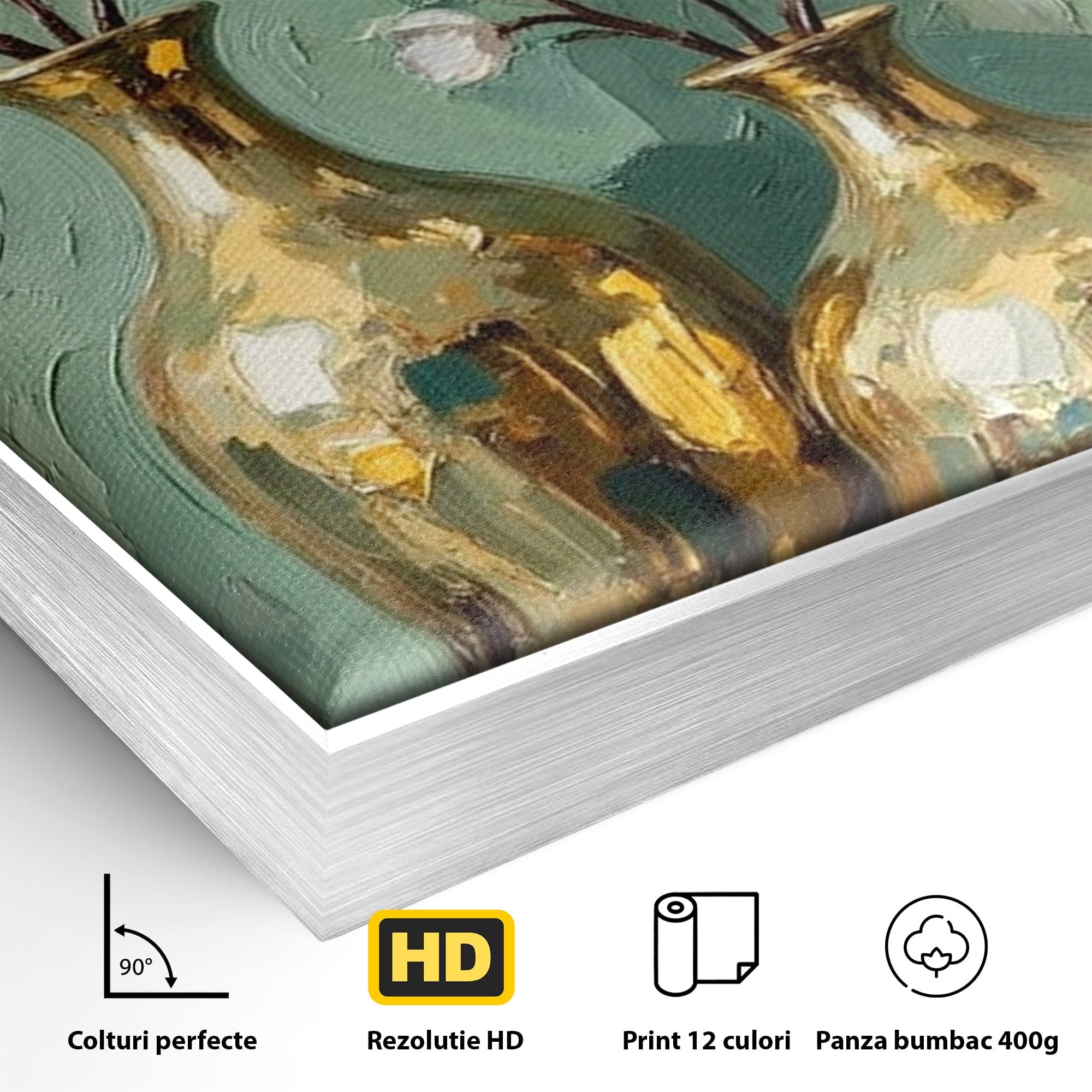 Tablou Canvas Premium LuxCanva® PI1294, Vaze Aurii Cu Flori, Decor, Frumos, Auriu, Living, Elegant, Culori Vibrante