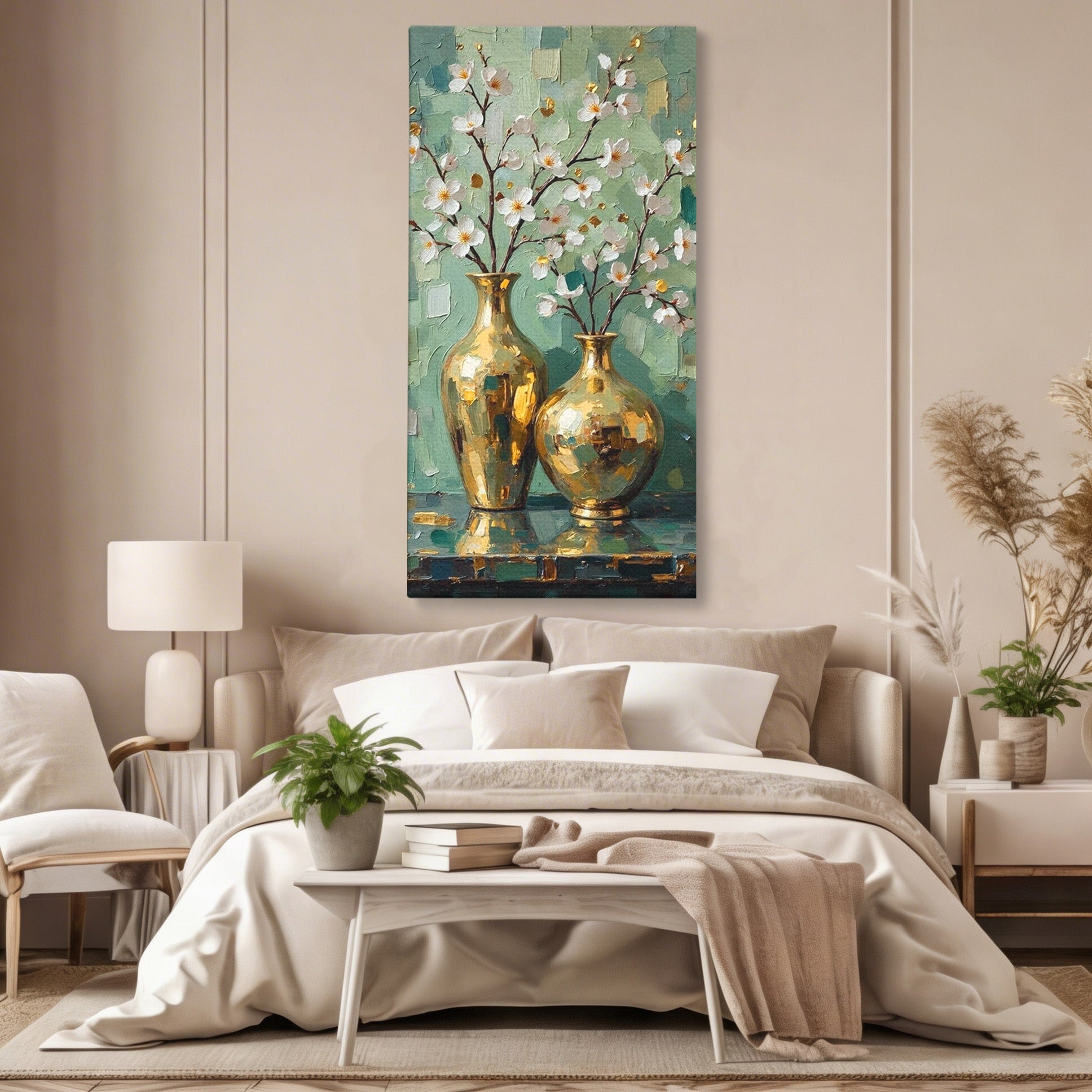 Tablou Canvas Premium LuxCanva® PI1294, Vaze Aurii Cu Flori, Decor, Frumos, Auriu, Living, Elegant, Culori Vibrante