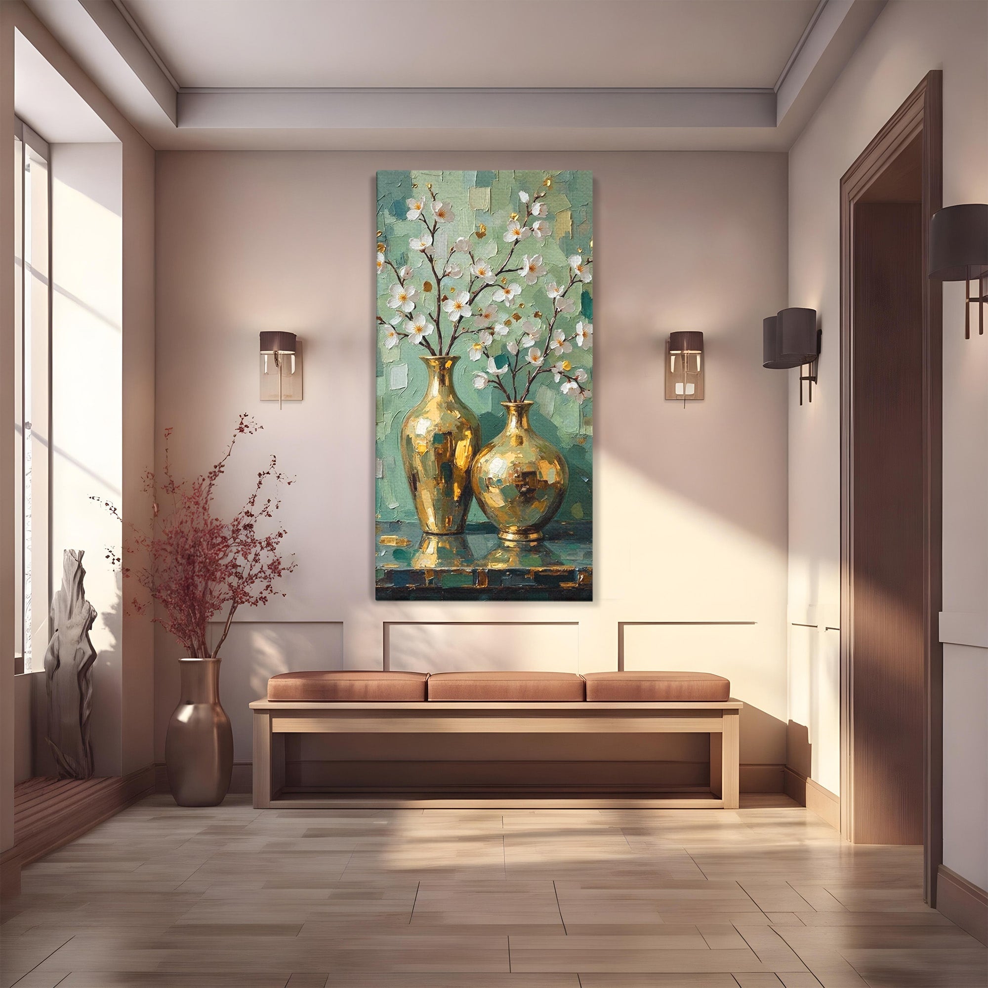 Tablou Canvas Premium LuxCanva® PI1294, Vaze Aurii Cu Flori, Decor, Frumos, Auriu, Living, Elegant, Culori Vibrante