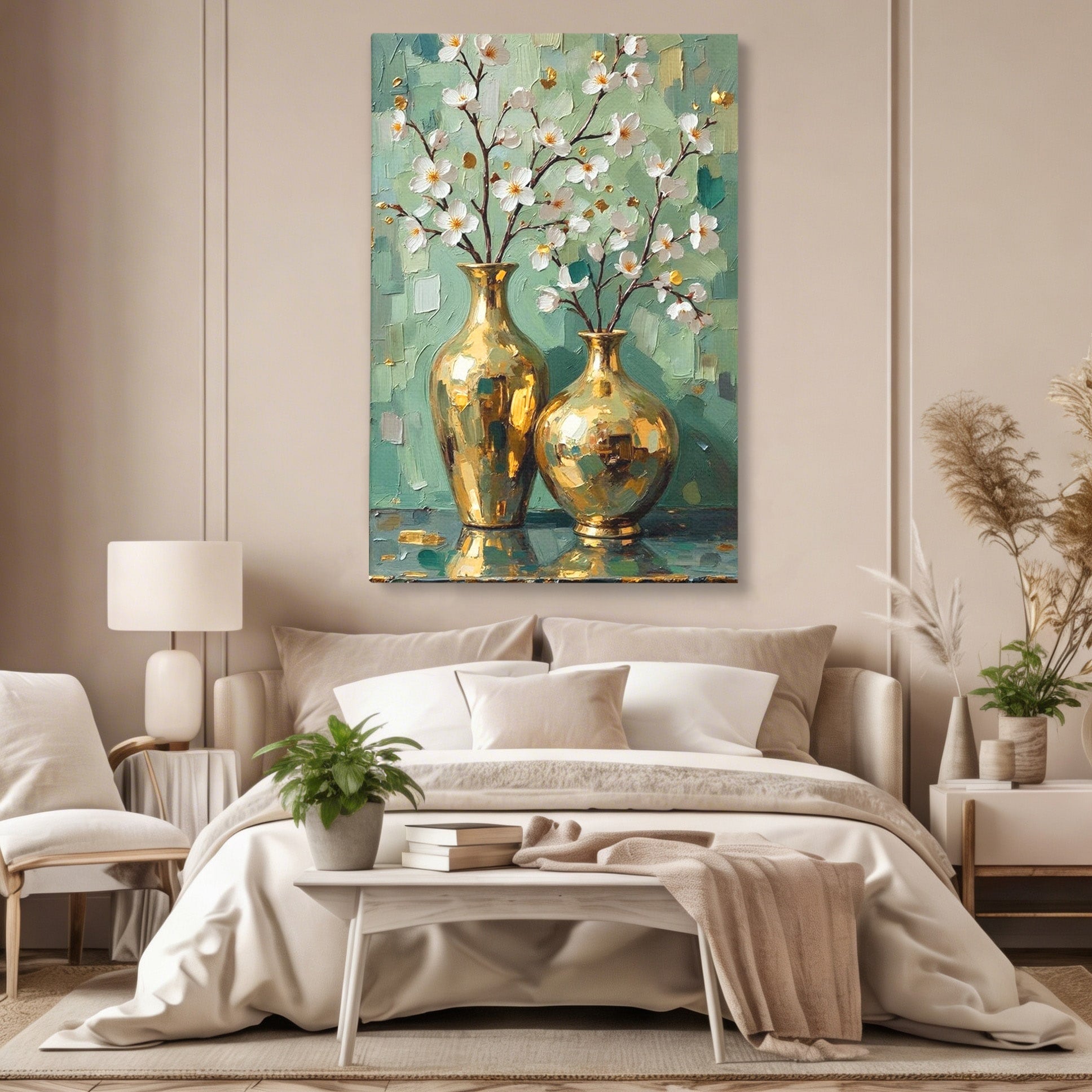 Tablou Canvas Premium LuxCanva® PI1294, Vaze Aurii Cu Flori, Decor, Frumos, Auriu, Living, Elegant, Culori Vibrante