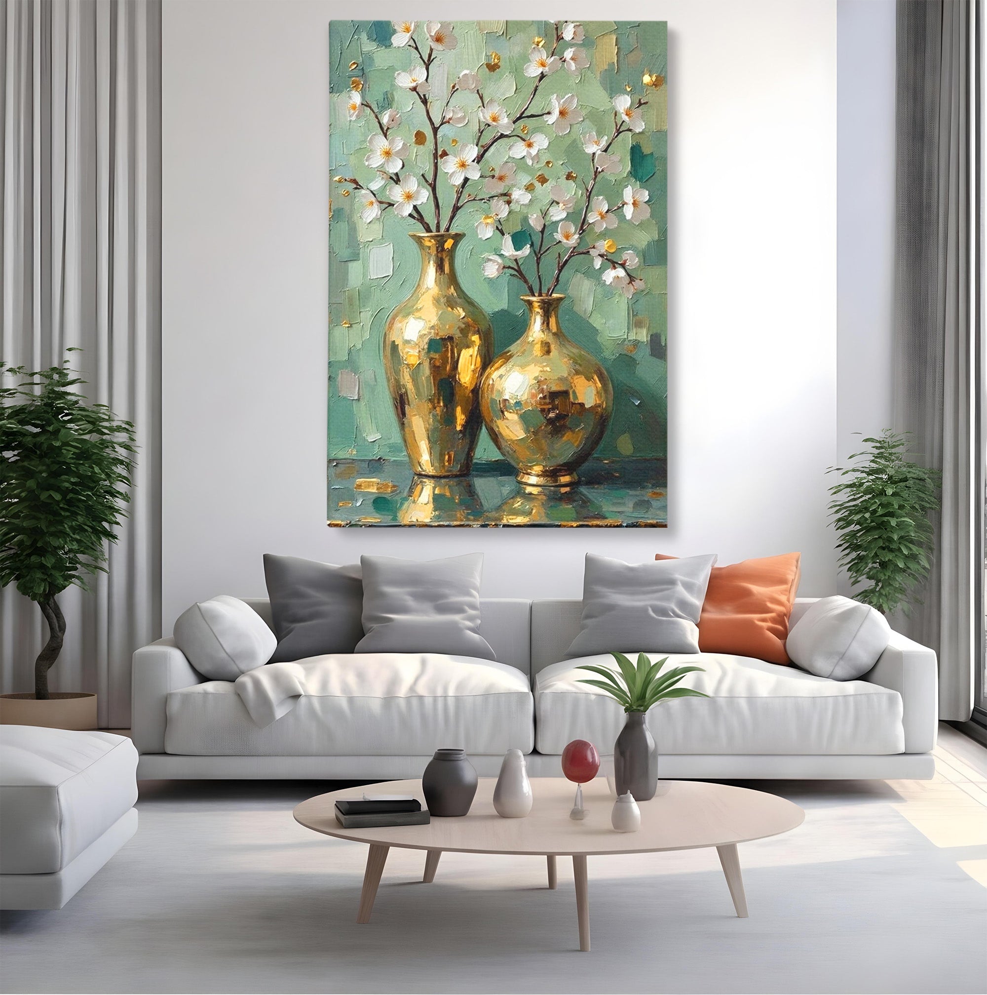 Tablou Canvas Premium LuxCanva® PI1294, Vaze Aurii Cu Flori, Decor, Frumos, Auriu, Living, Elegant, Culori Vibrante