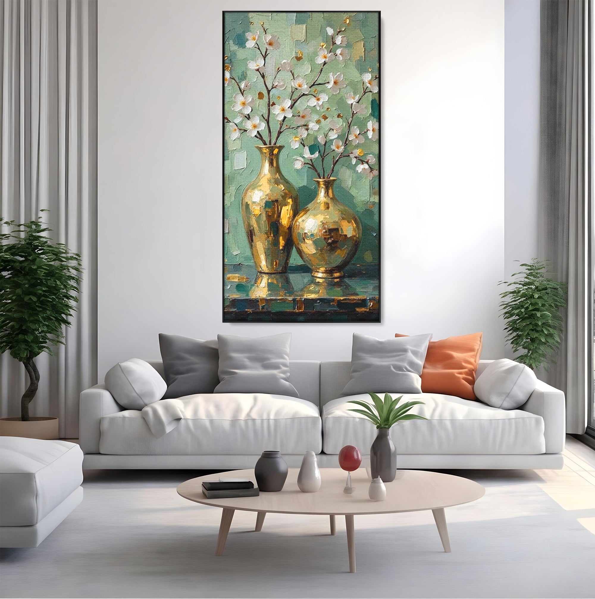 Tablou Canvas Premium LuxCanva® PI1294, Vaze Aurii Cu Flori, Decor, Frumos, Auriu, Living, Elegant, Culori Vibrante