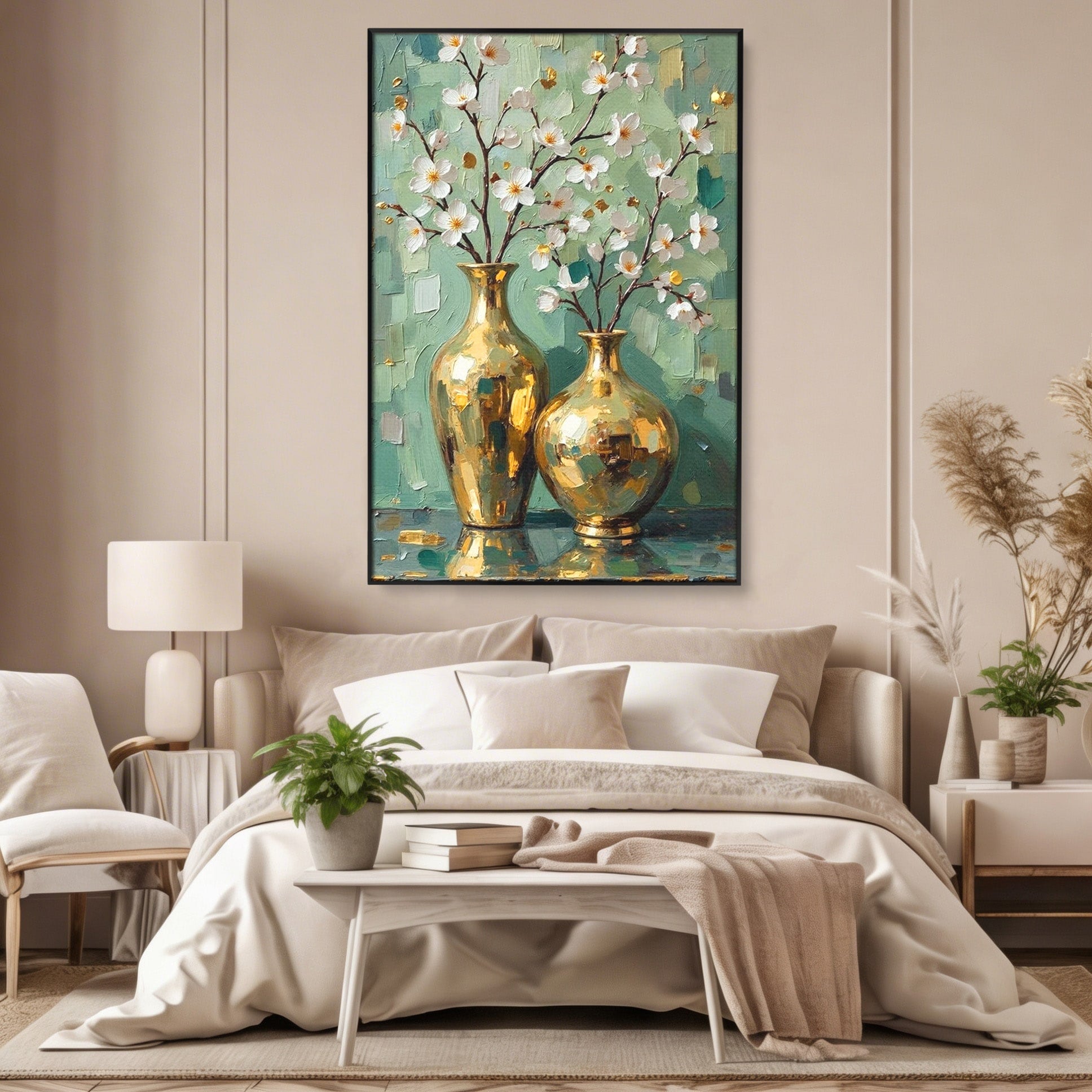 Tablou Canvas Premium LuxCanva® PI1294, Vaze Aurii Cu Flori, Decor, Frumos, Auriu, Living, Elegant, Culori Vibrante