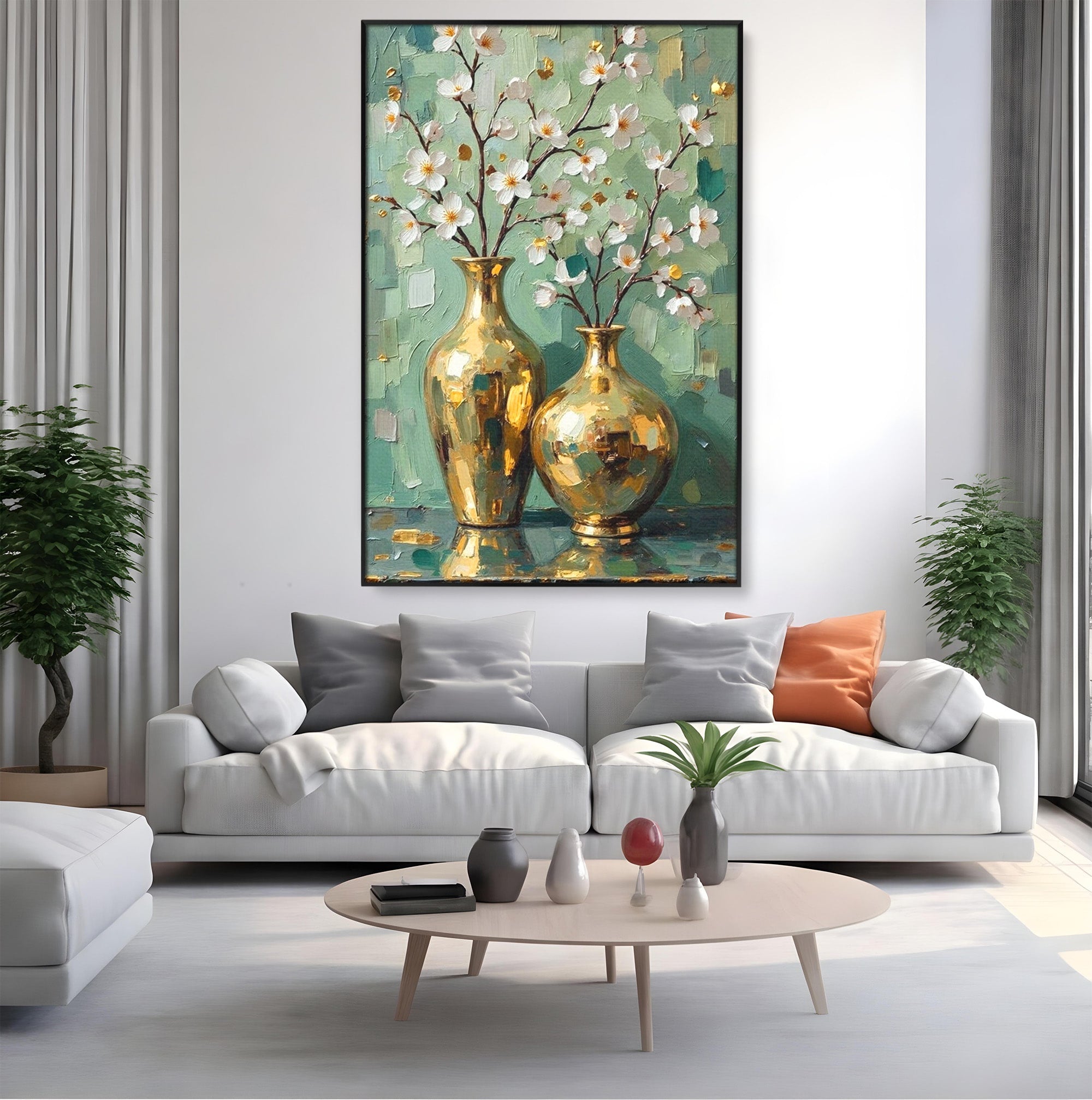 Tablou Canvas Premium LuxCanva® PI1294, Vaze Aurii Cu Flori, Decor, Frumos, Auriu, Living, Elegant, Culori Vibrante
