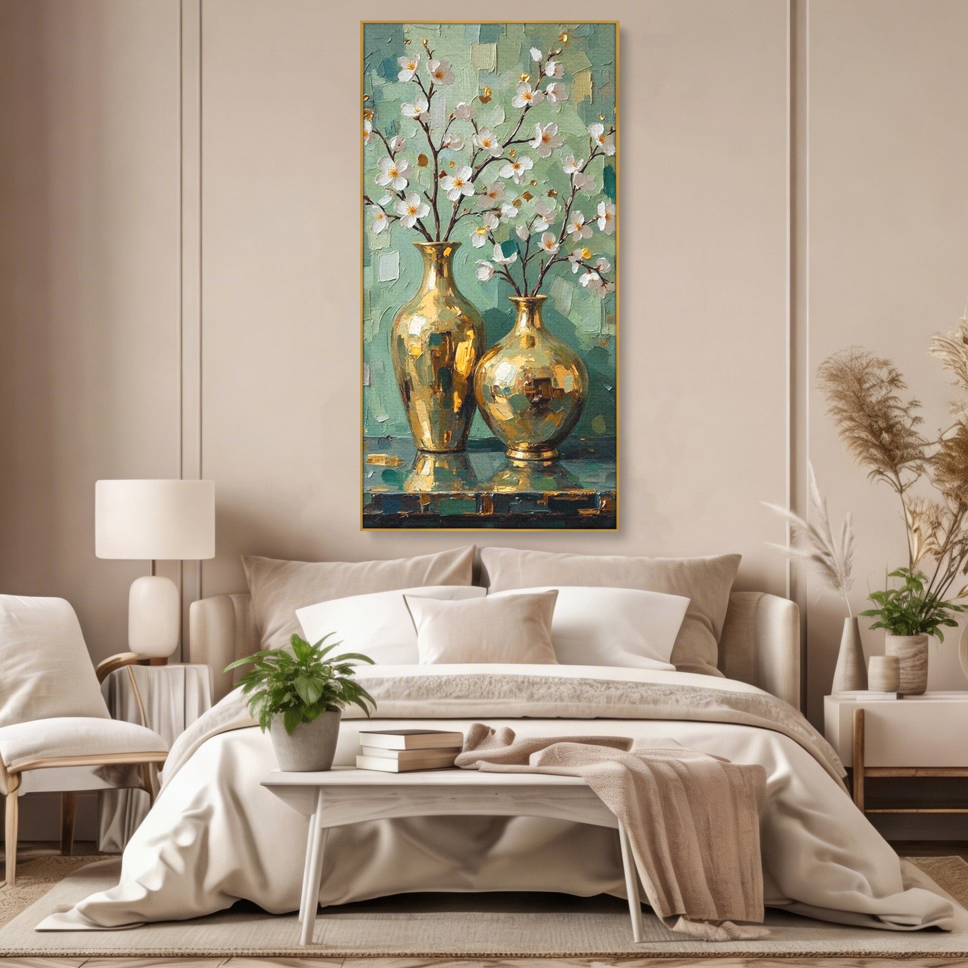 Tablou Canvas Premium LuxCanva® PI1294, Vaze Aurii Cu Flori, Decor, Frumos, Auriu, Living, Elegant, Culori Vibrante
