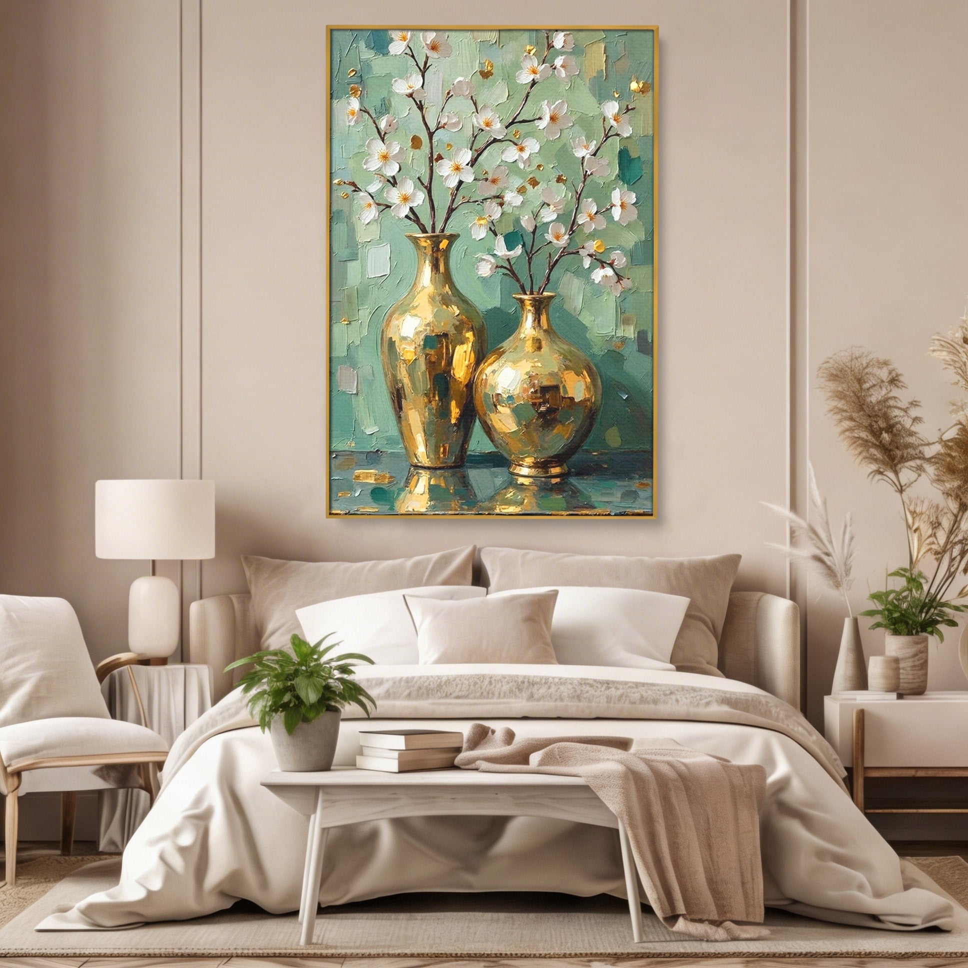 Tablou Canvas Premium LuxCanva® PI1294, Vaze Aurii Cu Flori, Decor, Frumos, Auriu, Living, Elegant, Culori Vibrante