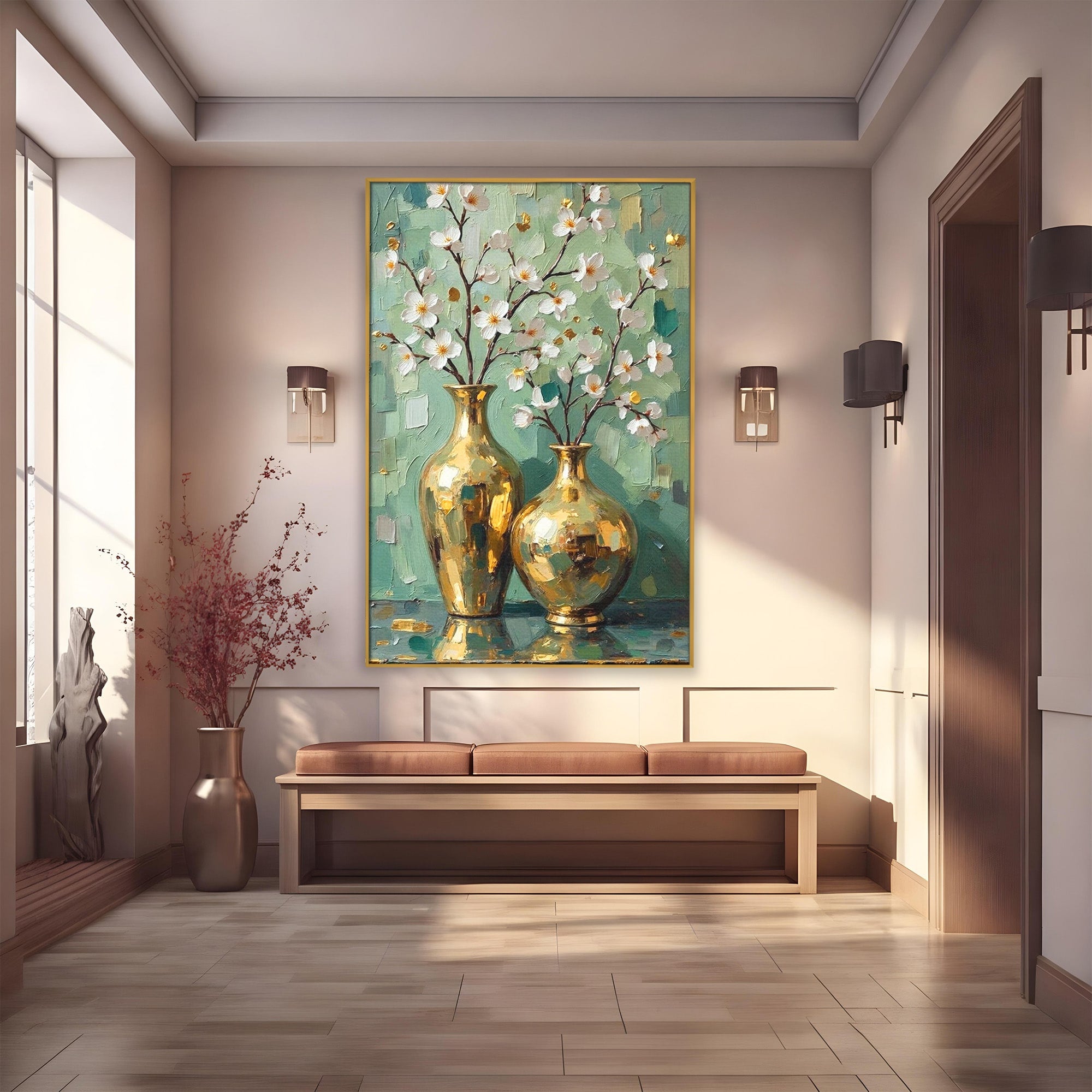 Tablou Canvas Premium LuxCanva® PI1294, Vaze Aurii Cu Flori, Decor, Frumos, Auriu, Living, Elegant, Culori Vibrante