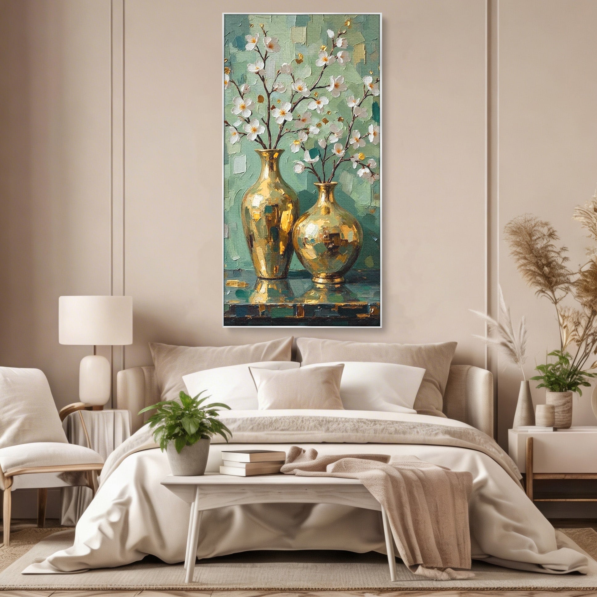 Tablou Canvas Premium LuxCanva® PI1294, Vaze Aurii Cu Flori, Decor, Frumos, Auriu, Living, Elegant, Culori Vibrante