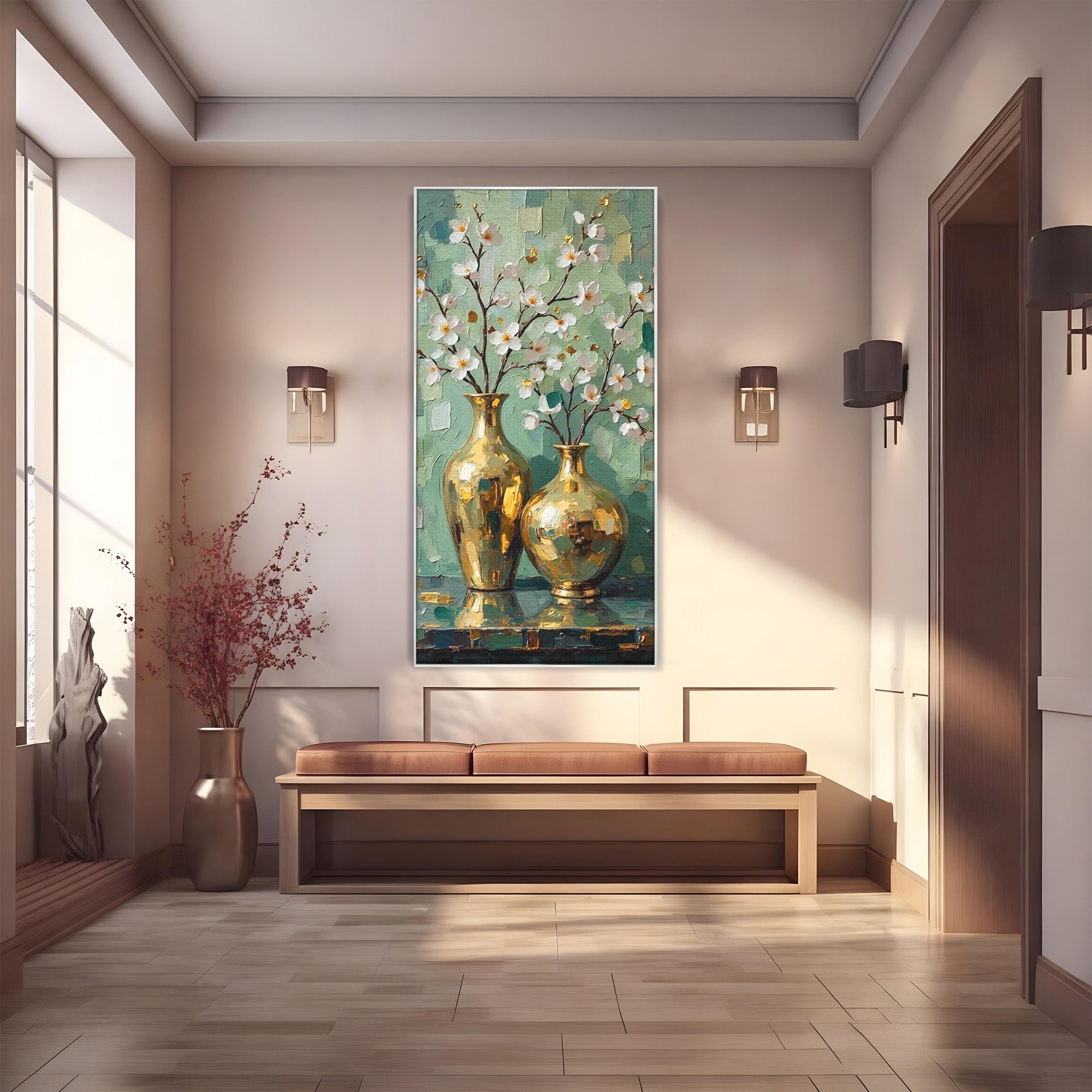 Tablou Canvas Premium LuxCanva® PI1294, Vaze Aurii Cu Flori, Decor, Frumos, Auriu, Living, Elegant, Culori Vibrante