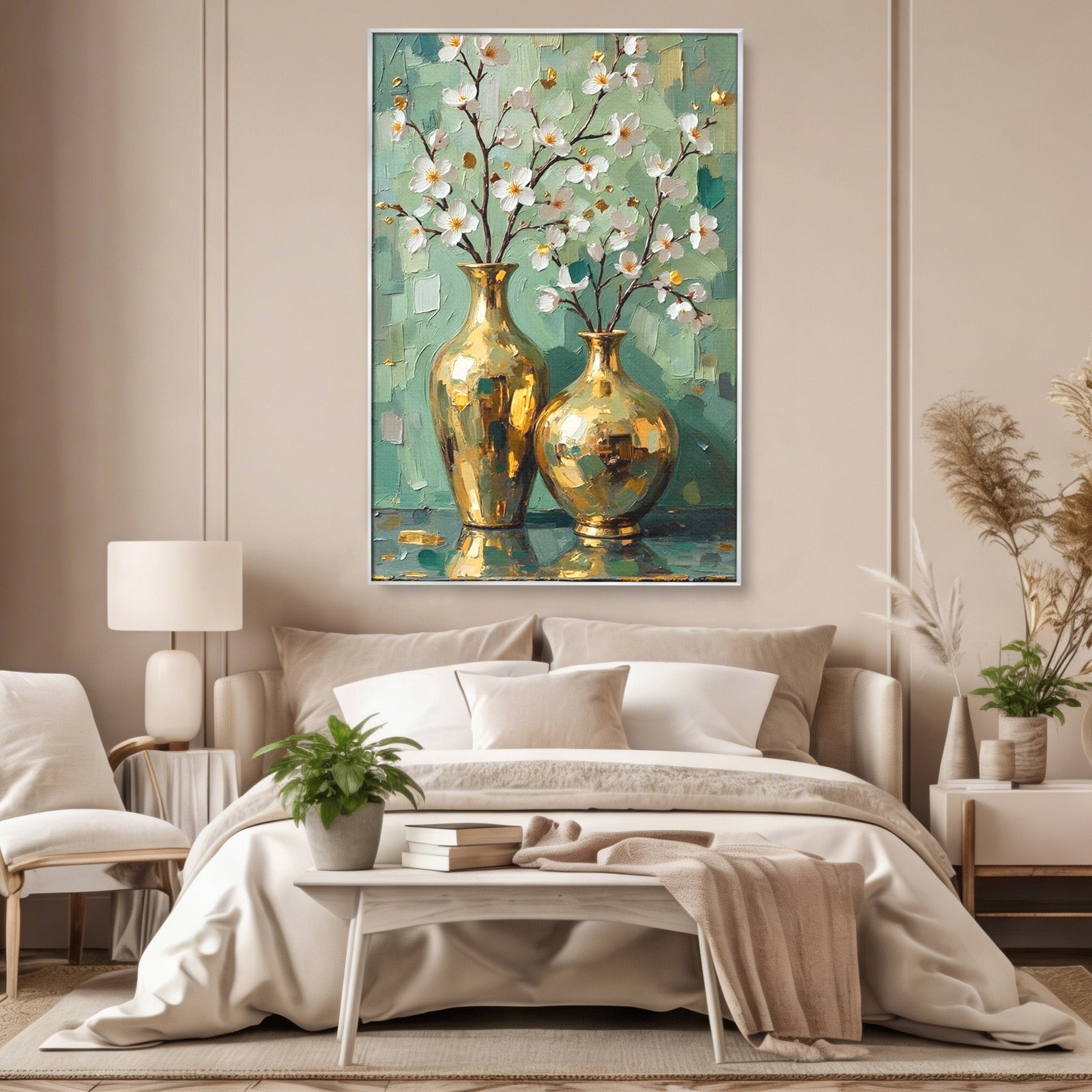 Tablou Canvas Premium LuxCanva® PI1294, Vaze Aurii Cu Flori, Decor, Frumos, Auriu, Living, Elegant, Culori Vibrante