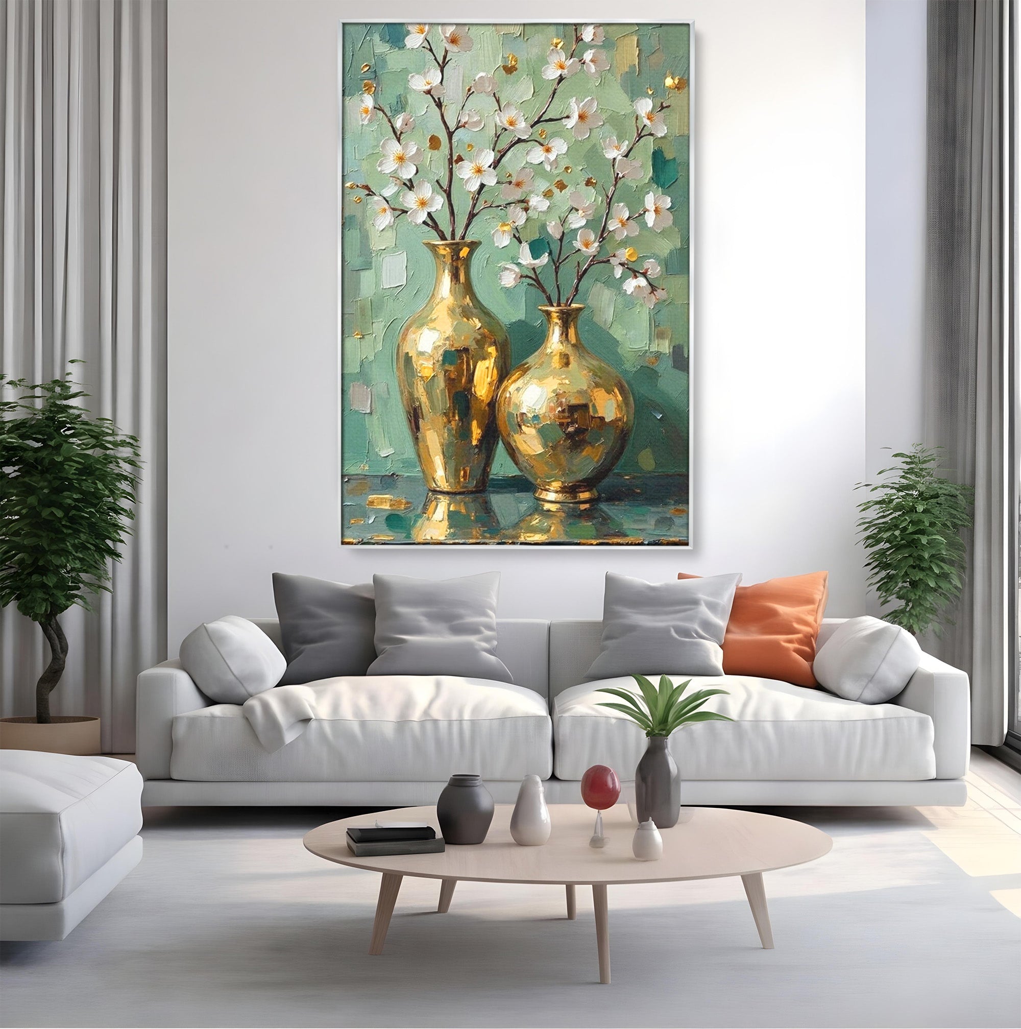Tablou Canvas Premium LuxCanva® PI1294, Vaze Aurii Cu Flori, Decor, Frumos, Auriu, Living, Elegant, Culori Vibrante