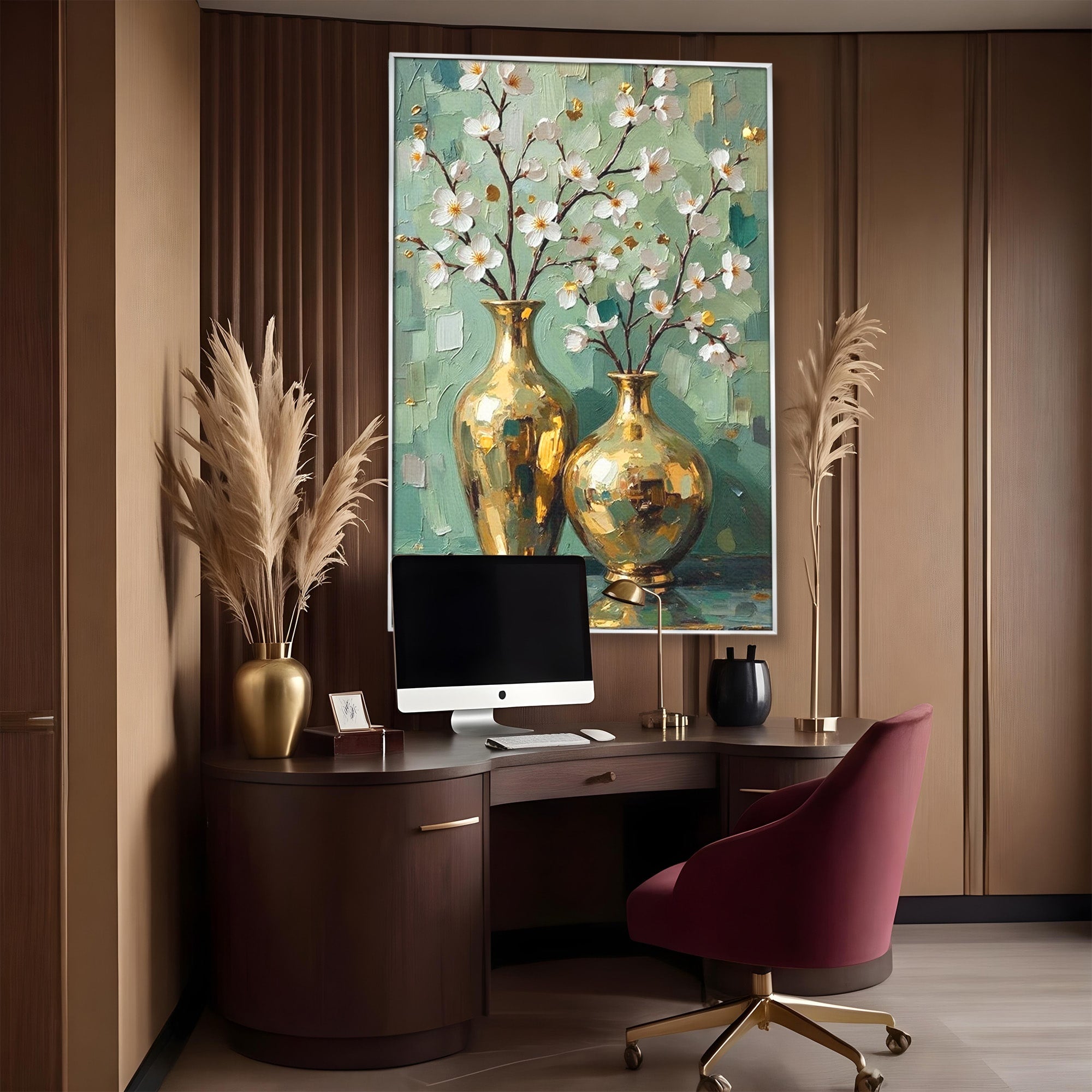 Tablou Canvas Premium LuxCanva® PI1294, Vaze Aurii Cu Flori, Decor, Frumos, Auriu, Living, Elegant, Culori Vibrante