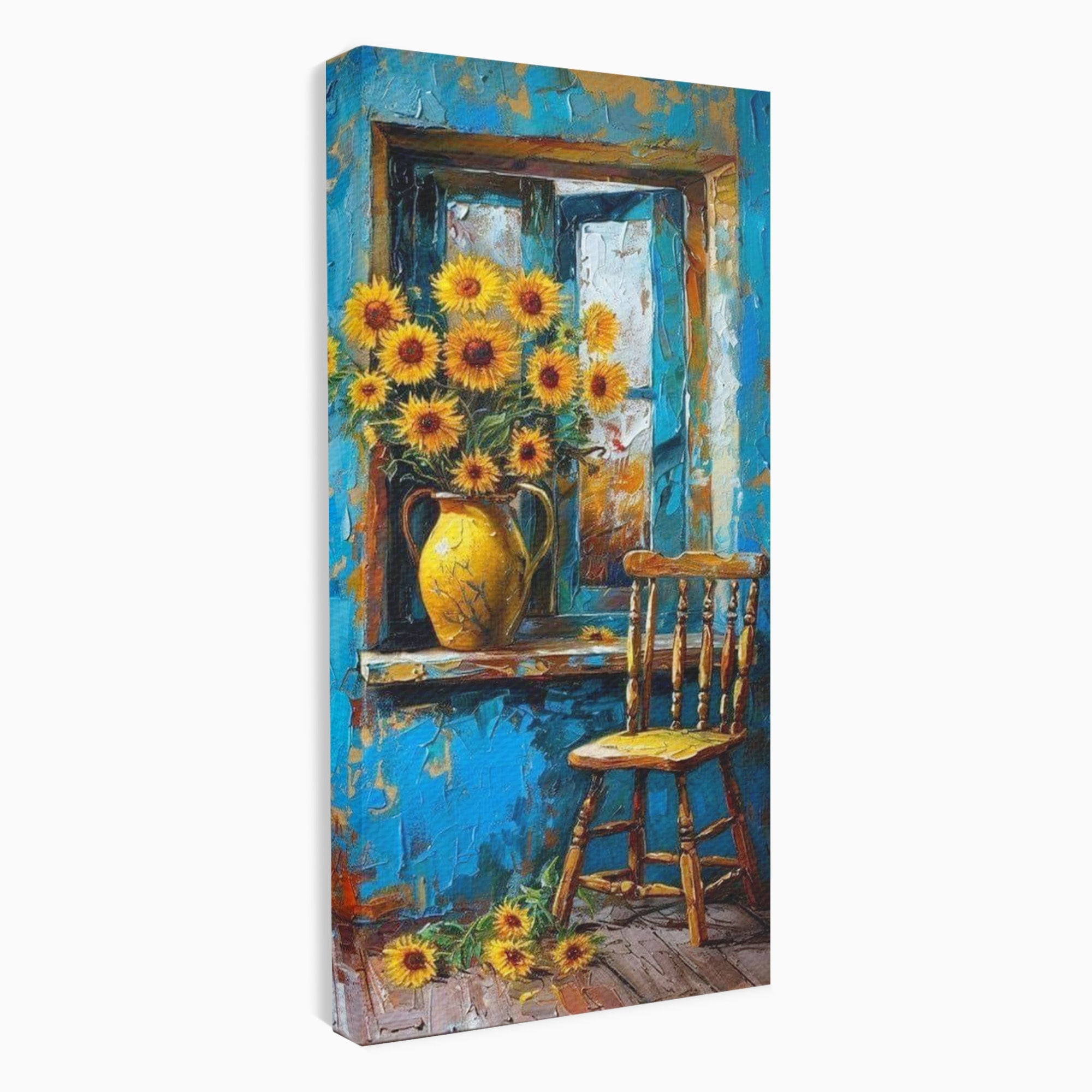 Tablou Canvas Premium LuxCanva® PI1295, Floarea Soarelui La Fereastra, Casa, Scaun, Natura, Rustic, Living, Culori Vibrante
