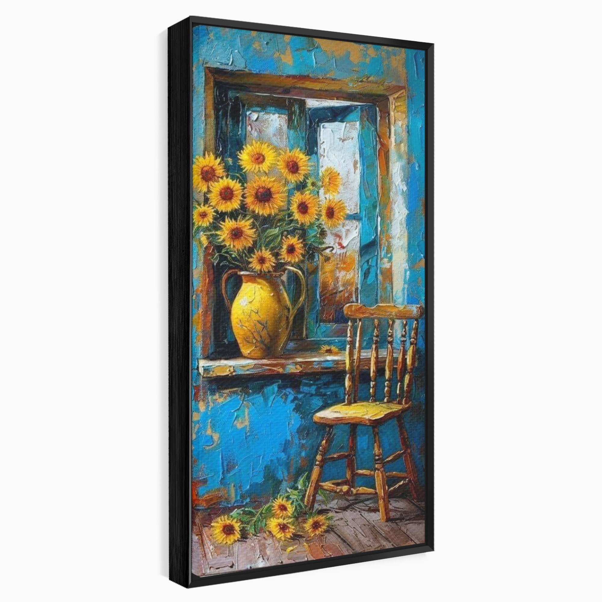 Tablou Canvas Premium LuxCanva® PI1295, Floarea Soarelui La Fereastra, Casa, Scaun, Natura, Rustic, Living, Culori Vibrante
