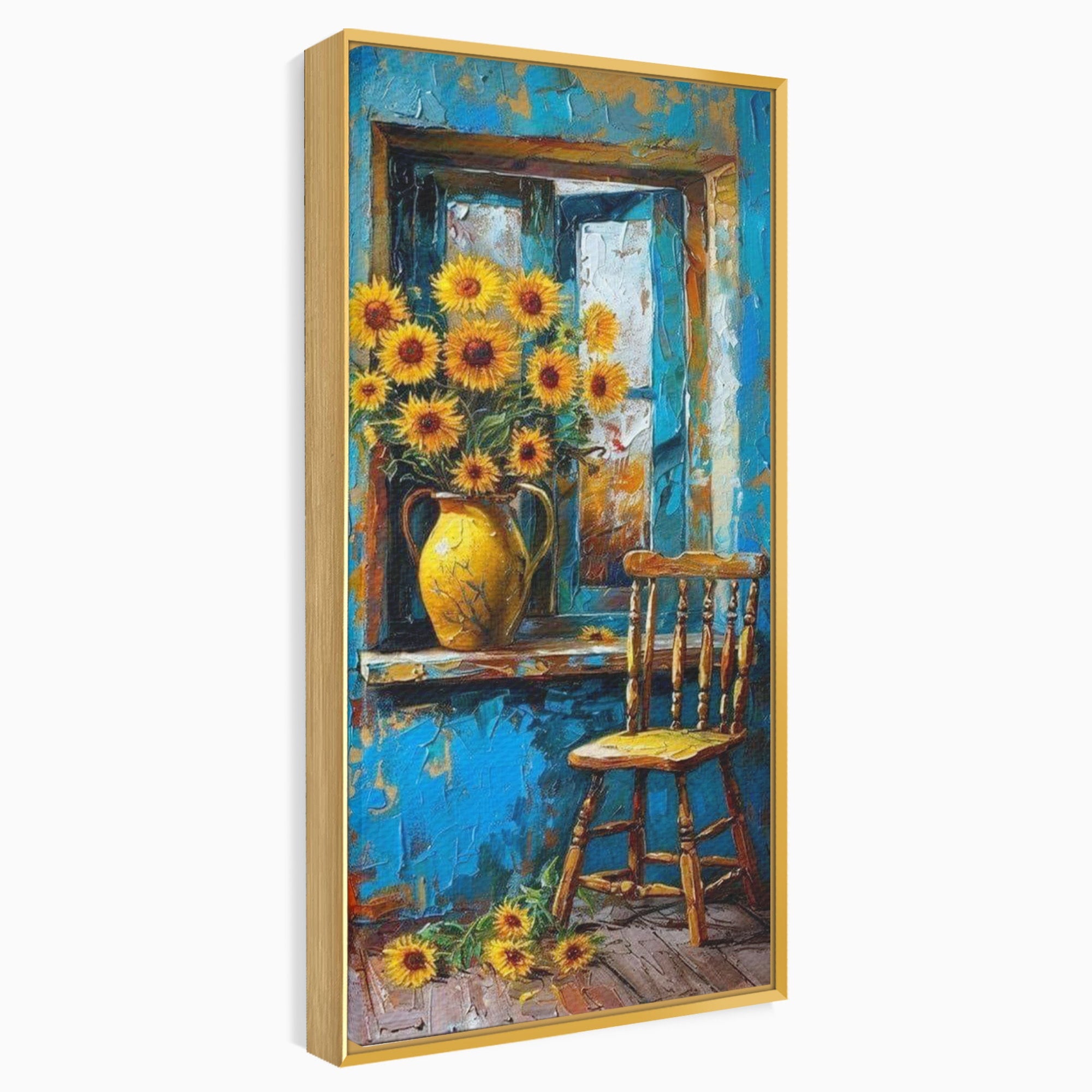 Tablou Canvas Premium LuxCanva® PI1295, Floarea Soarelui La Fereastra, Casa, Scaun, Natura, Rustic, Living, Culori Vibrante
