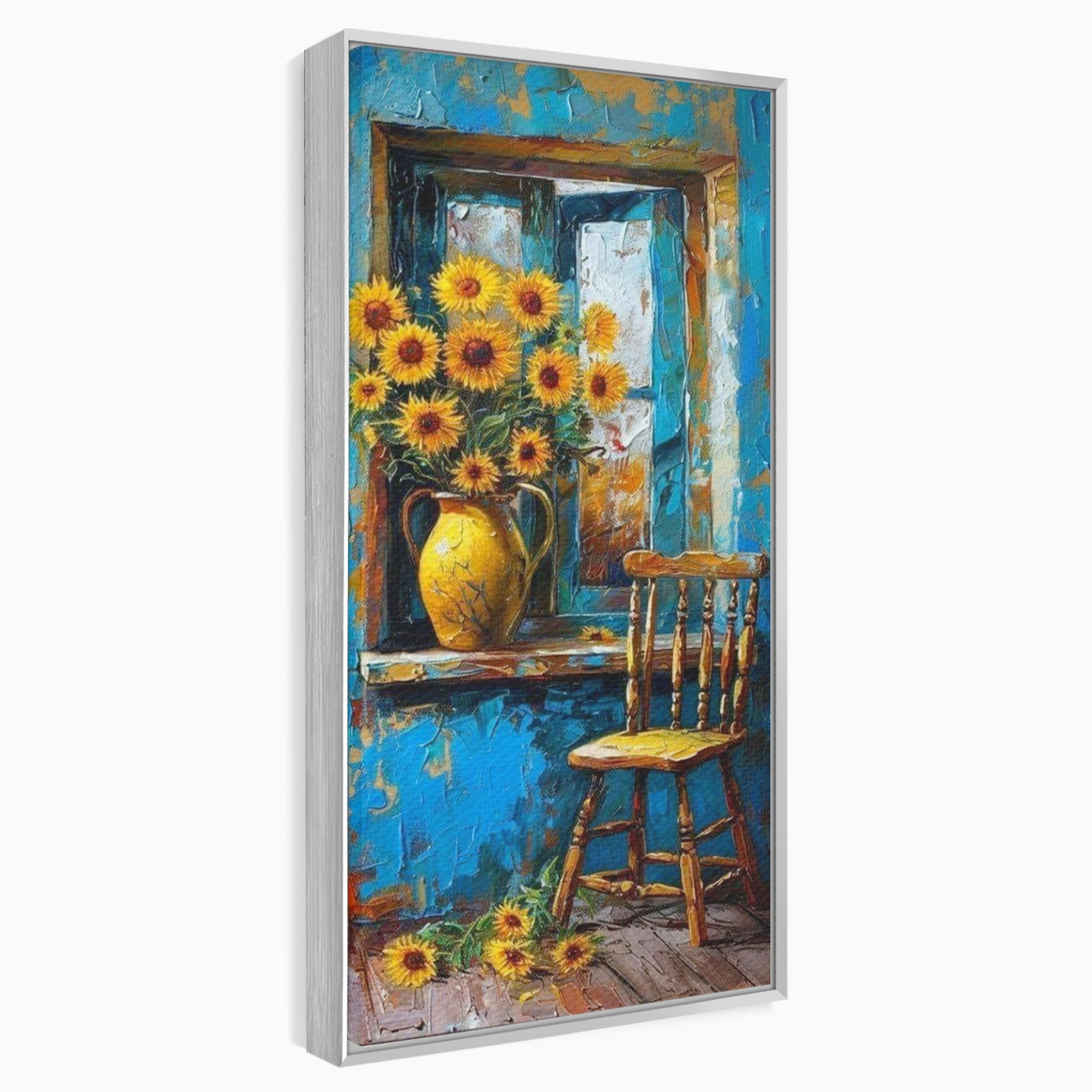 Tablou Canvas Premium LuxCanva® PI1295, Floarea Soarelui La Fereastra, Casa, Scaun, Natura, Rustic, Living, Culori Vibrante