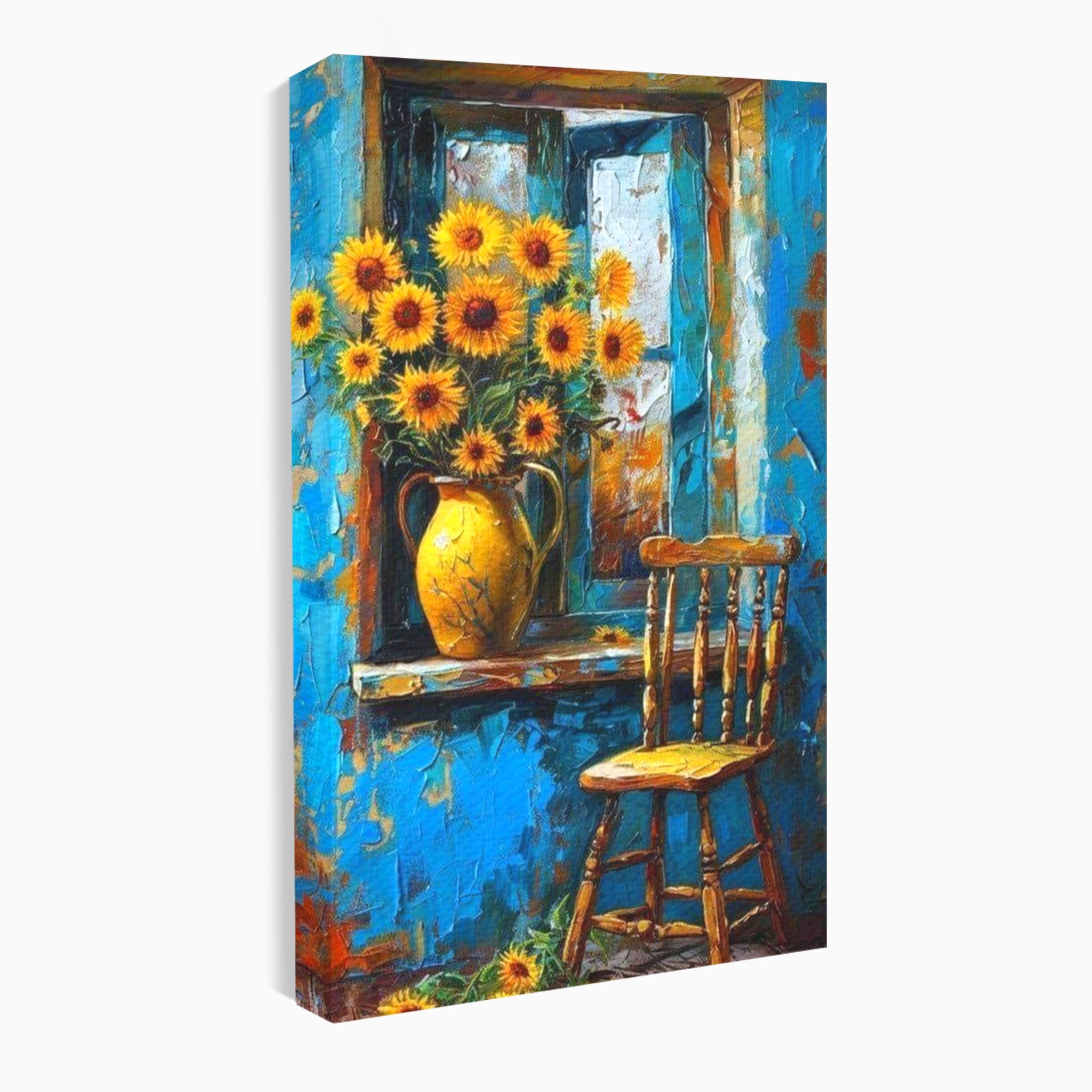 Tablou Canvas Premium LuxCanva® PI1295, Floarea Soarelui La Fereastra, Casa, Scaun, Natura, Rustic, Living, Culori Vibrante