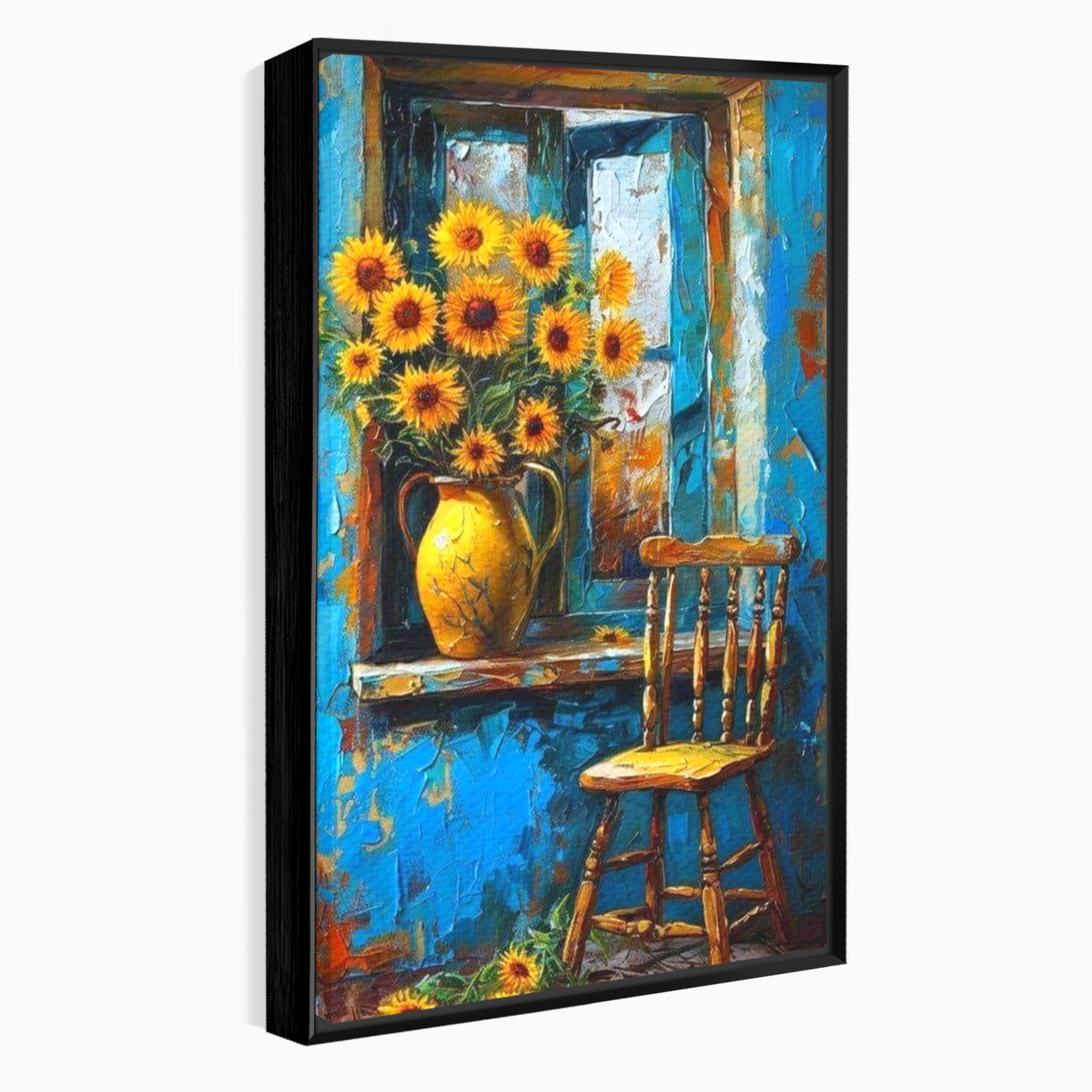 Tablou Canvas Premium LuxCanva® PI1295, Floarea Soarelui La Fereastra, Casa, Scaun, Natura, Rustic, Living, Culori Vibrante