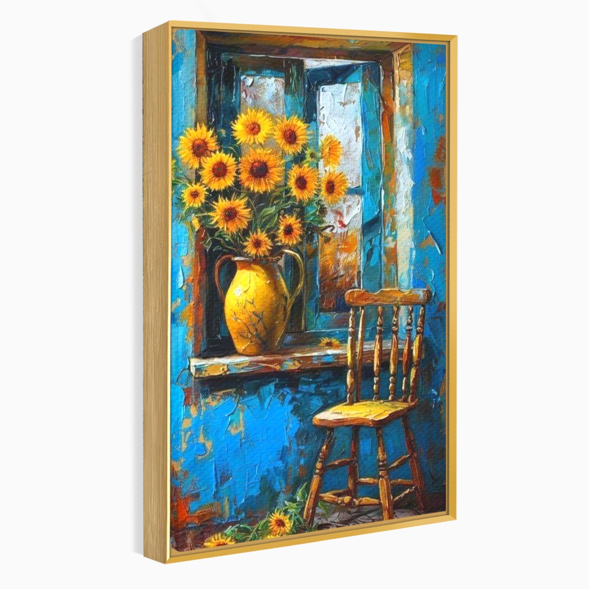 Tablou Canvas Premium LuxCanva® PI1295, Floarea Soarelui La Fereastra, Casa, Scaun, Natura, Rustic, Living, Culori Vibrante